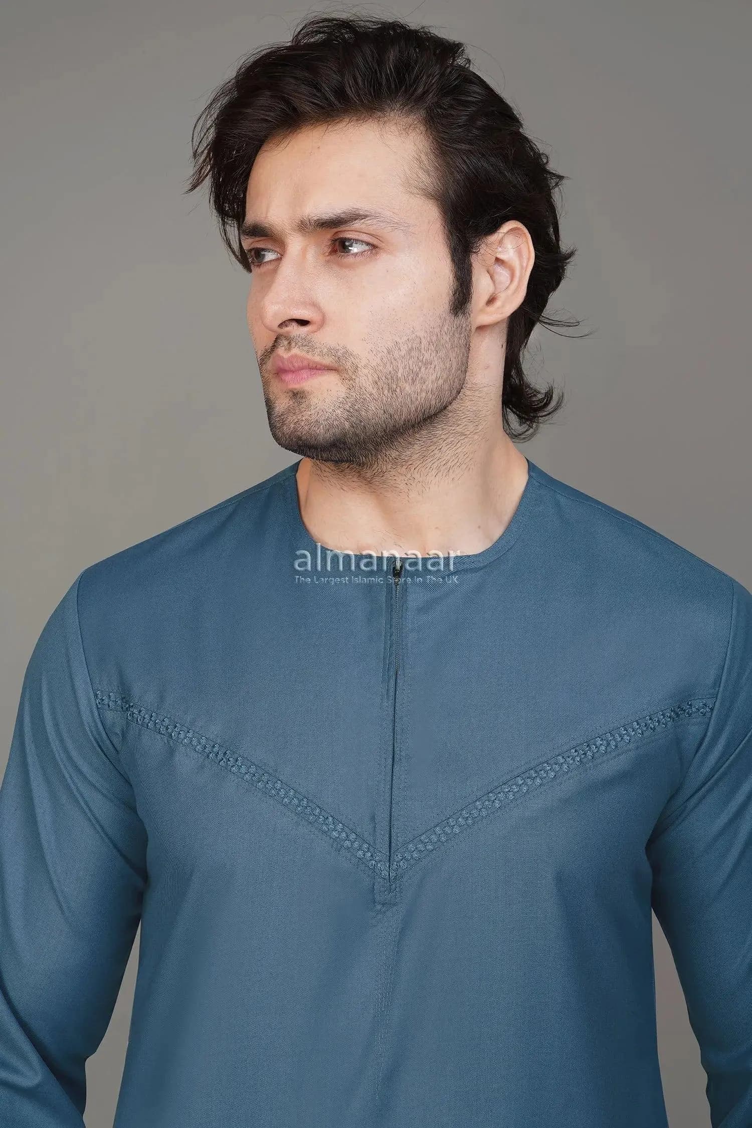 Omani Thobe Premium With Front Zip – Sky Blue Men’s Jubba for Elegant & Comfortable Islamic Wear - image 3