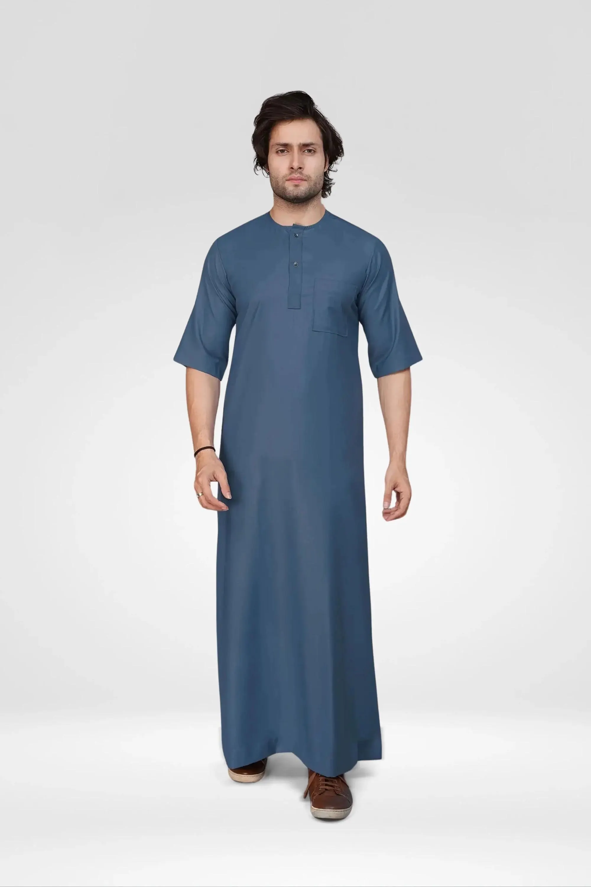 Short Sleeve Sky Blue Thobe – Comfortable Button-Up Men’s Islamic Wear