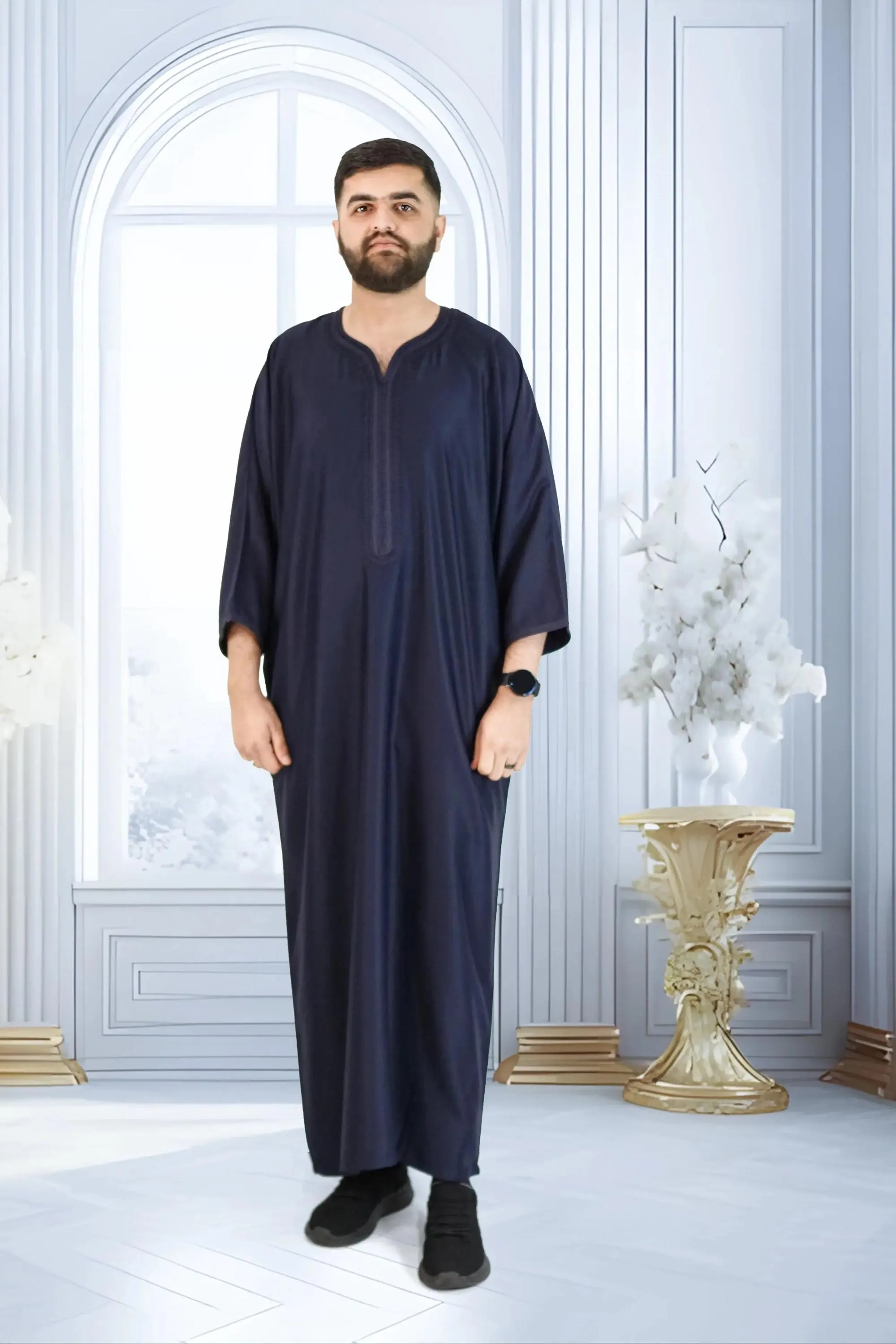 Moroccan Gabardine Short Sleeve Thobe – Navy Traditional Men’s Jubba with Elegant Embroidery