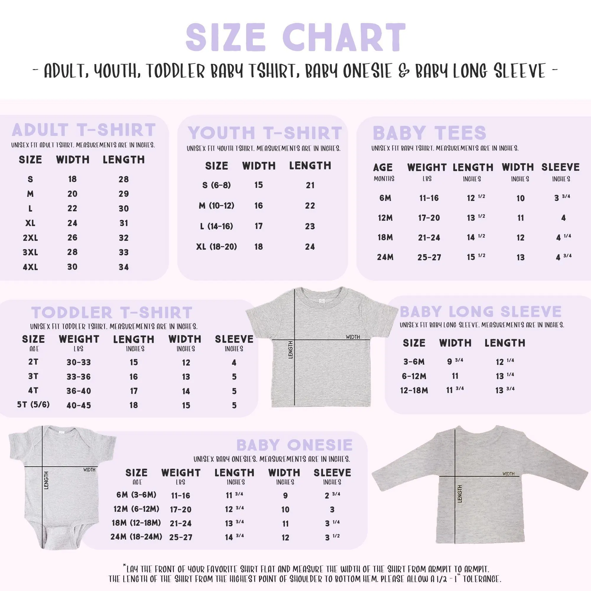 The image is a size chart that provides measurements and sizes for adult, youth, toddler, and baby clothing items such as t-shirts, long sleeves, and baby onesies.