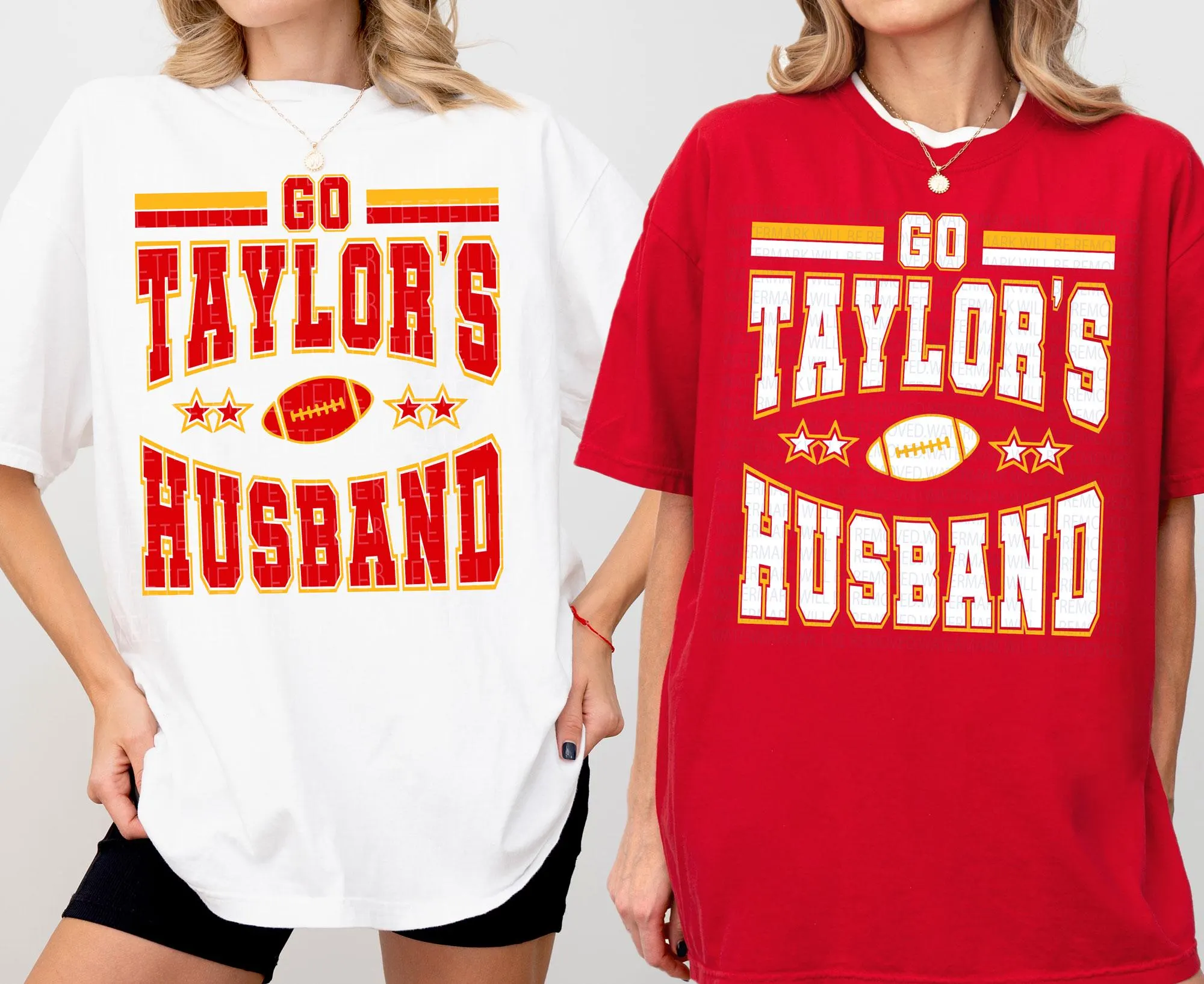 Two people wearing t-shirts with the text "Go Taylor's Husband" printed on them.
