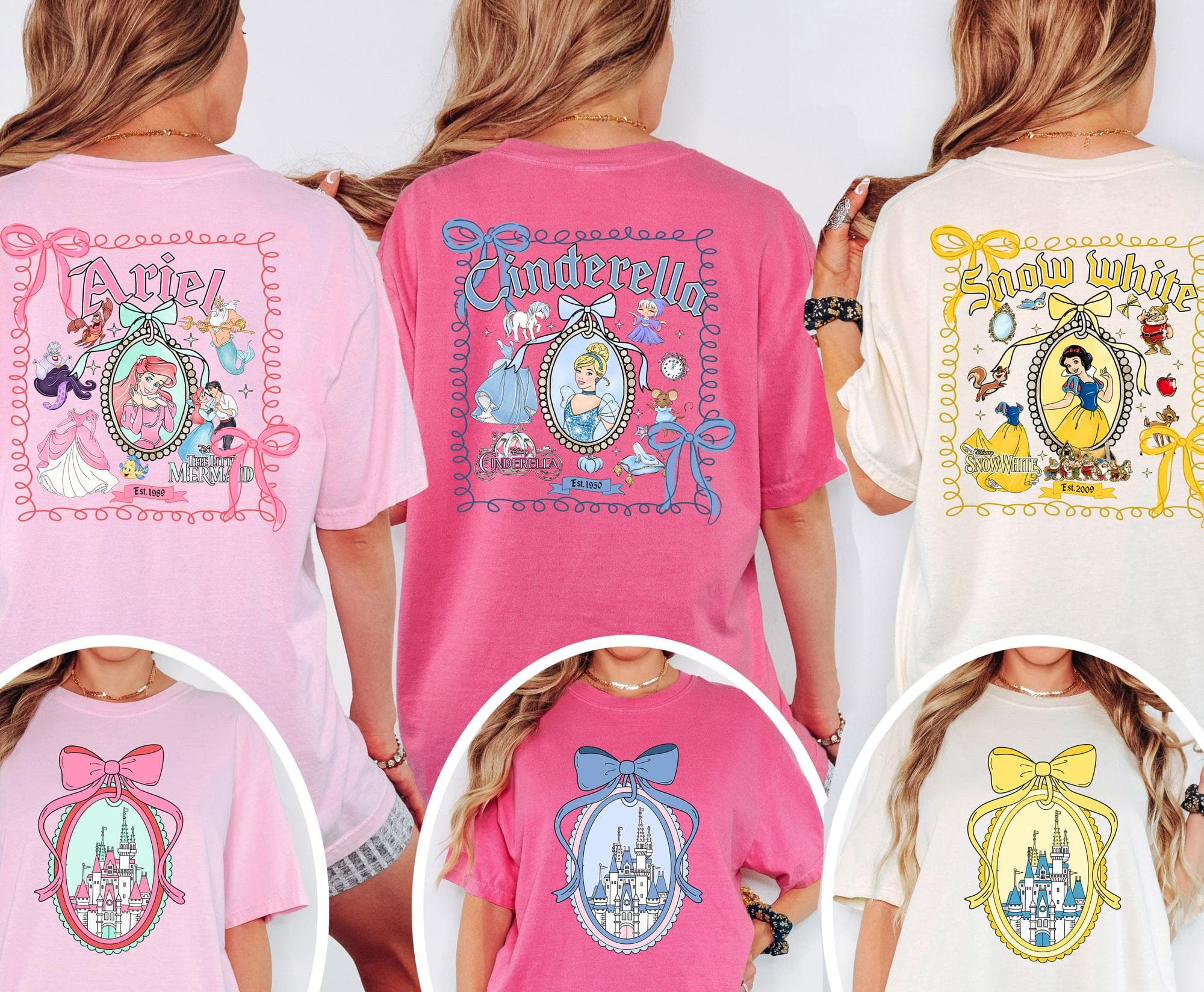 The image is a collage of three t-shirt designs featuring characters from Disney's "Snow White" and "Cinderella".
