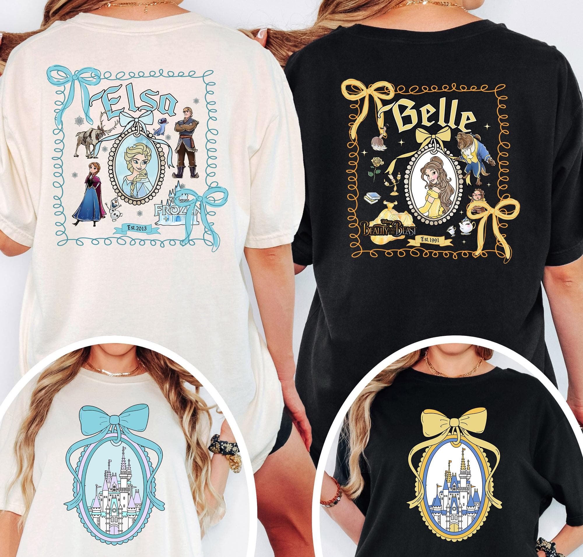 The image is a collage of four images featuring two t-shirts with Disney character designs. The t-shirts are white and black, and they feature the characters Elsa and Belle from the Disney film "Beauty and the Beast".