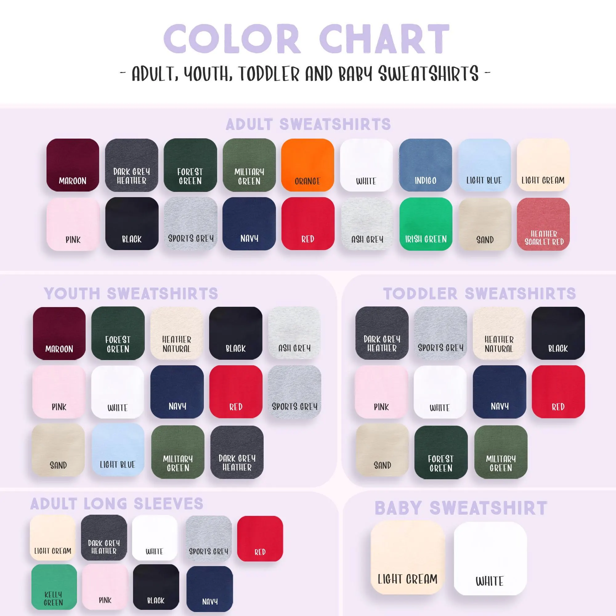 The image is a color chart that displays various adult, youth, toddler, and baby sweatshirts in different colors.