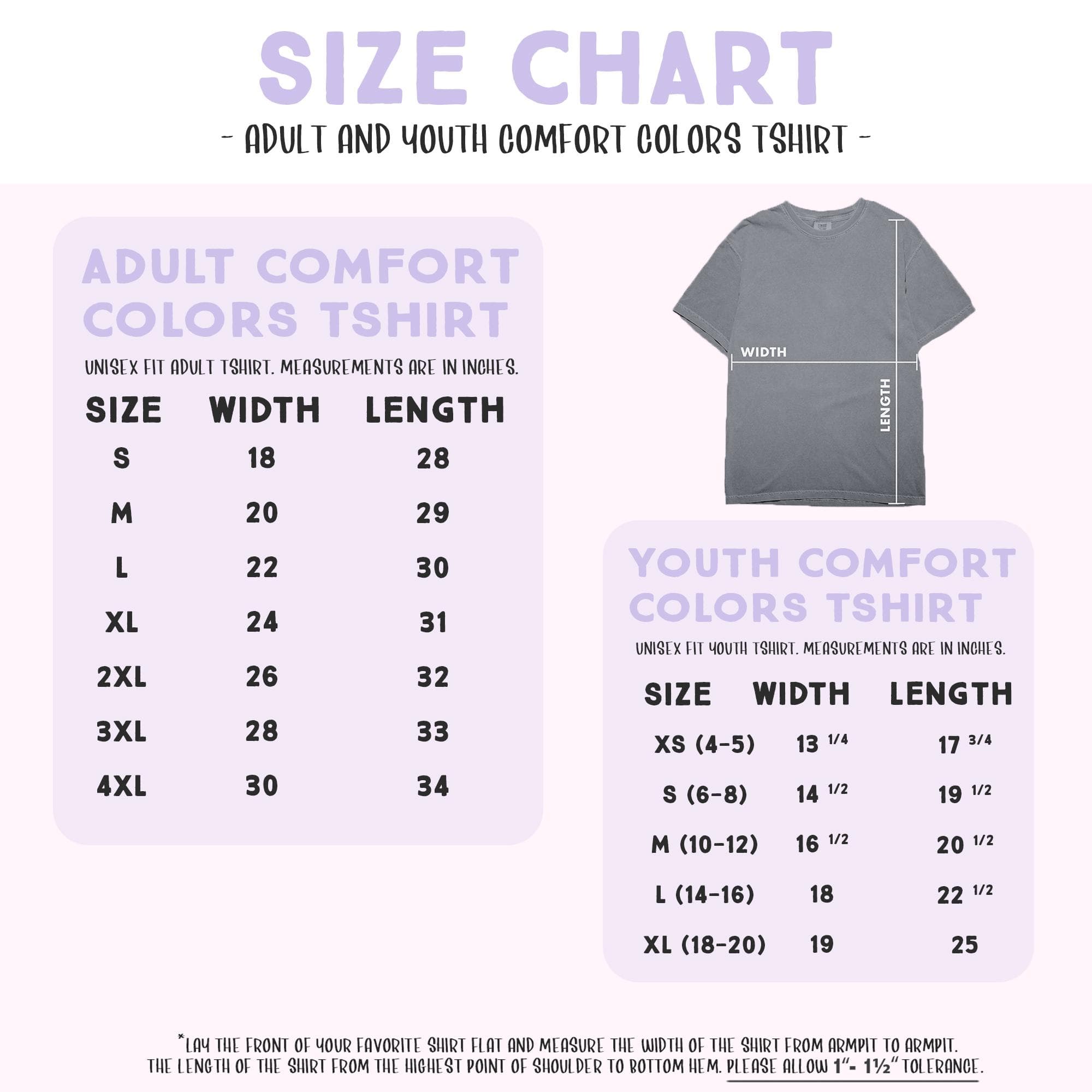 The image is a size chart for an adult and youth comfort colors t-shirt. It provides measurements for different age groups, including S, M, L, XL, 2XL, 3XL, and 4XL sizes. The chart also includes a photo of a gray t-shirt to illustrate the measurements.