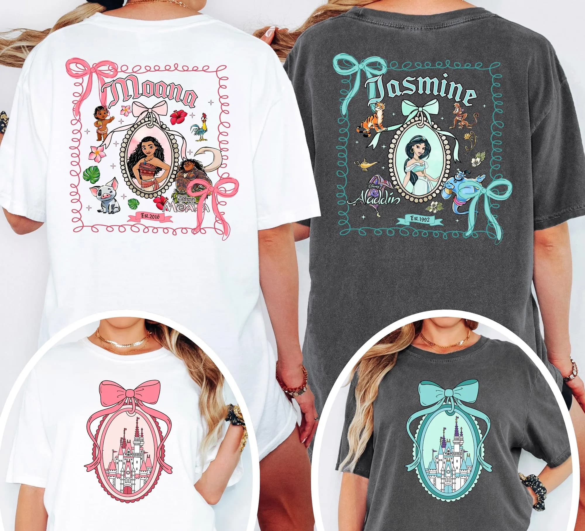 The image is a collage of two t-shirt designs featuring the character Jasmine from the Disney movie Aladdin. The t-shirt on the left is white and has a pink bow, while the t-shirt on the right is gray and has a blue bow. Both t-shirts display the same design, which includes a princess and a castle.