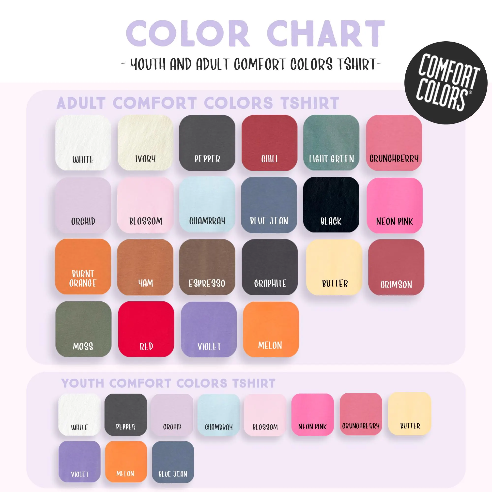The image is a color chart for a youth and adult comfort t-shirt, displaying a variety of colors and their corresponding names.