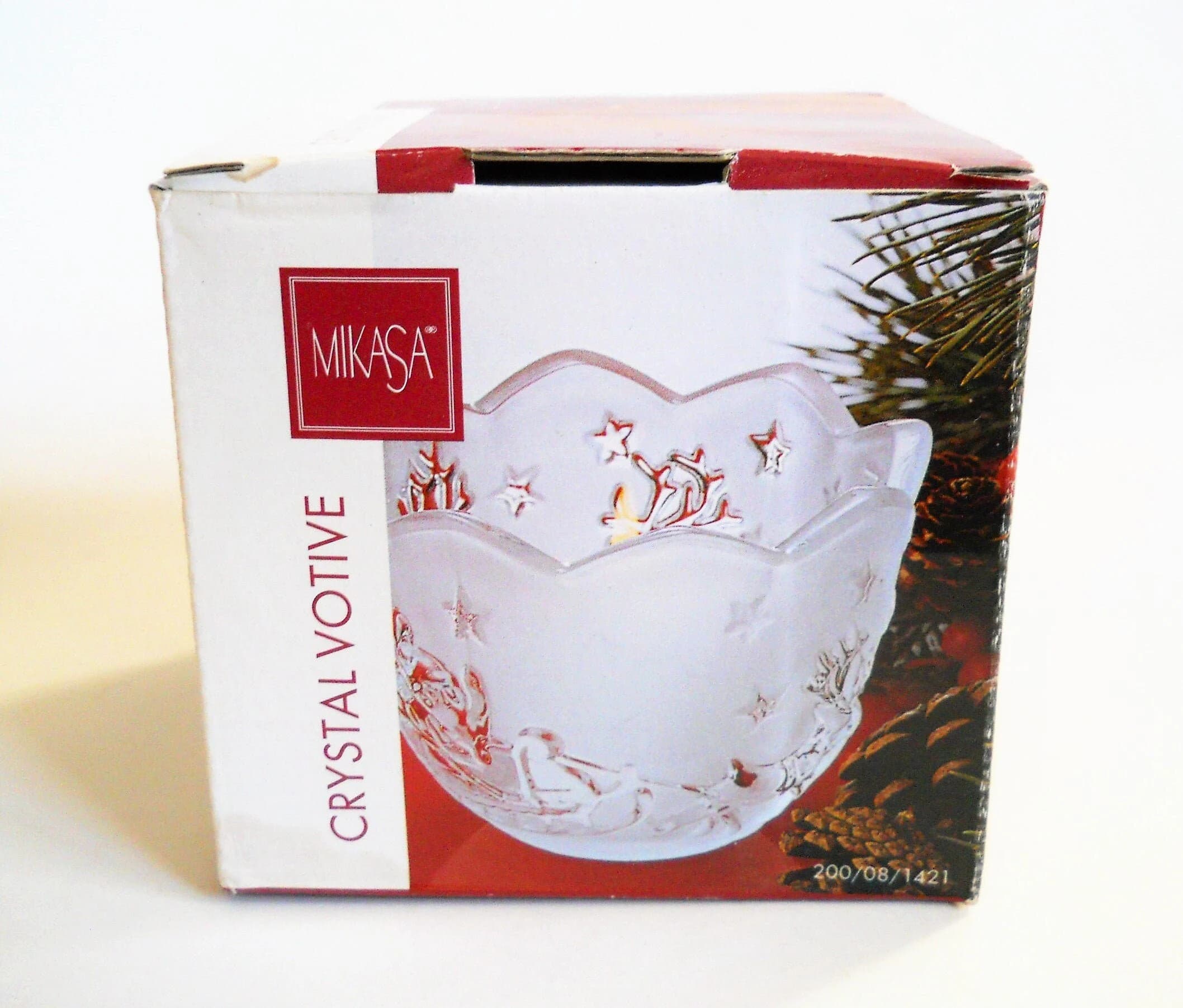 Vintage Mikasa Christmas Votive - Frosted Crystal Candle Holder - Santa Claus and Reindeers - Embossed