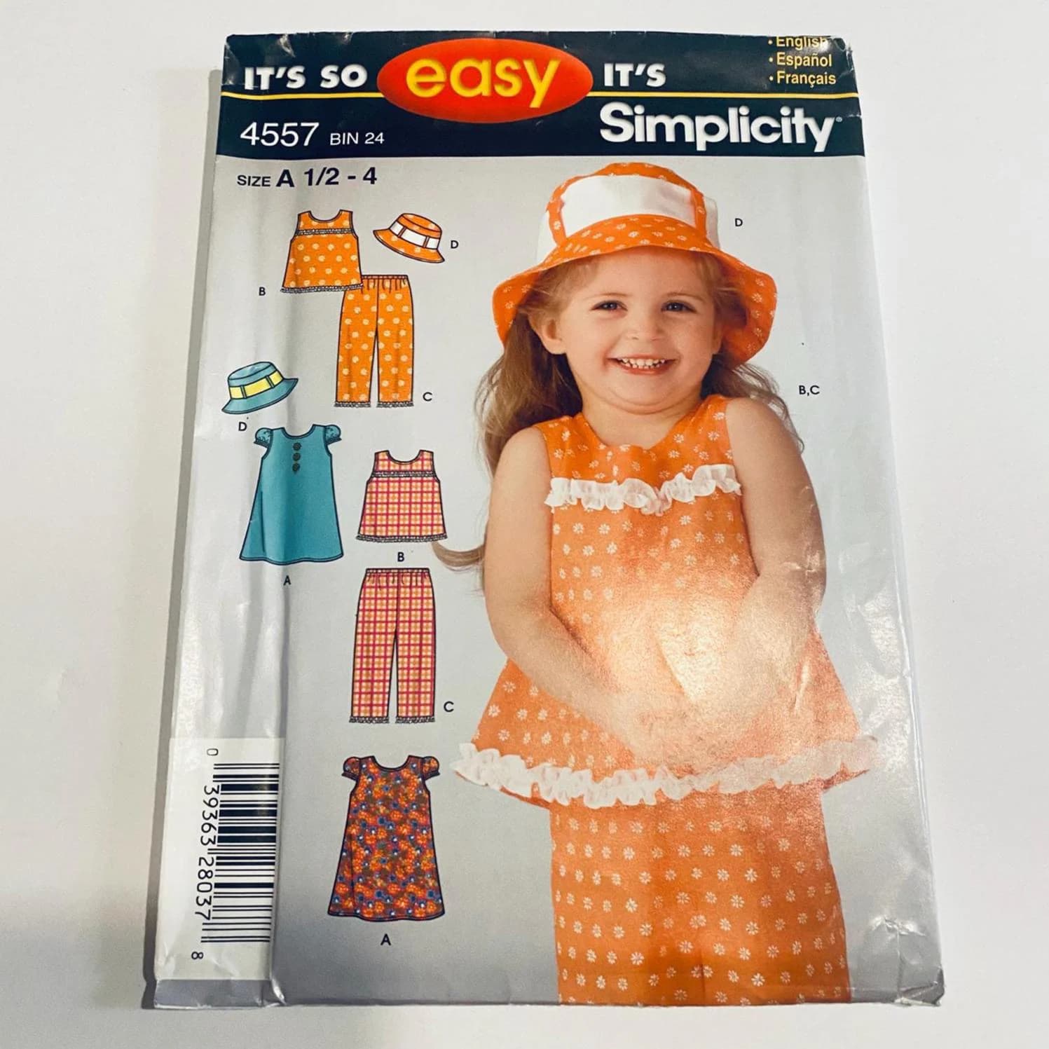 Simplicity 4557, Toddlers' Clothes Sewing Pattern, Shirt, Dress to Sew, Pants, Hat, Size A 1/2-4, Uncut, FF, 3853