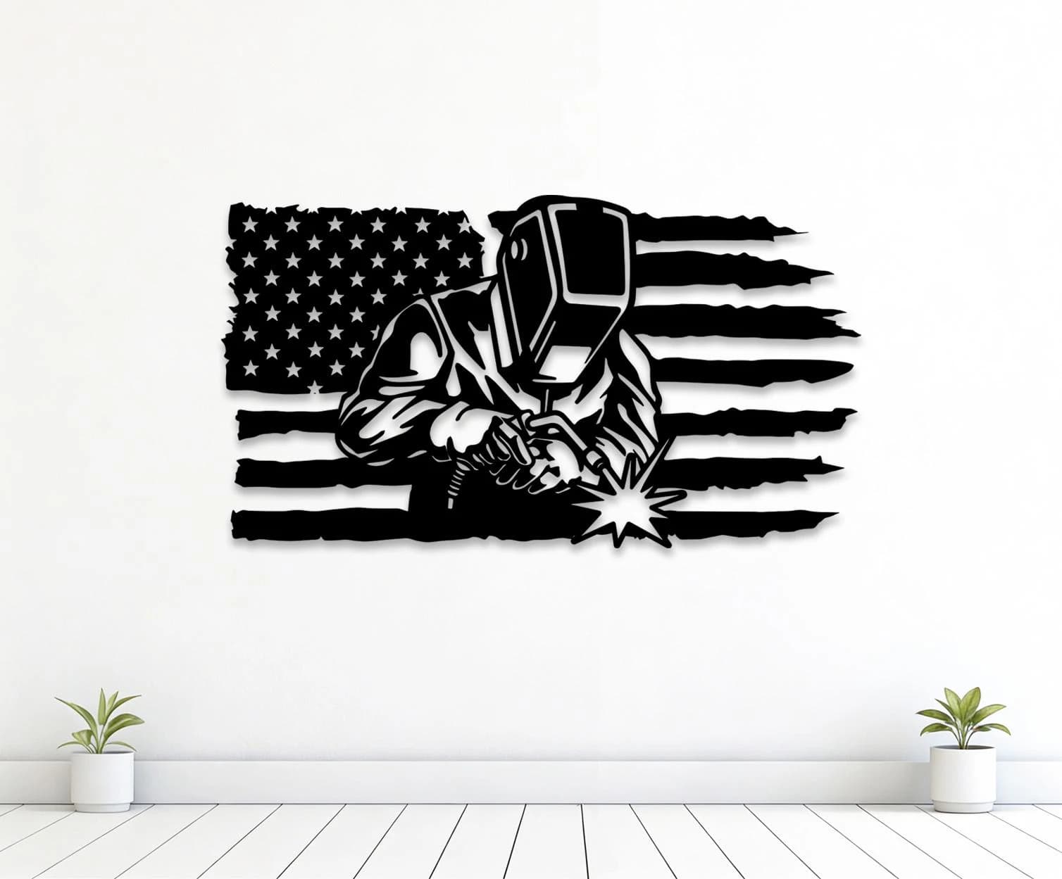 Welder On Distressed American Flag Svg Png Dxf, Welder Clipart, Welding Silhouette, Laser Cut Files For Plasma, Digital Download.