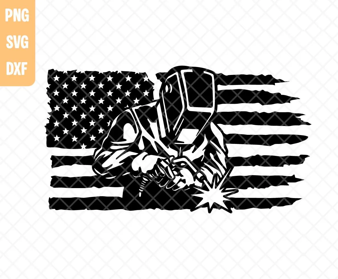 Welder On Distressed American Flag Svg Png Dxf, Welder Clipart, Welding Silhouette, Laser Cut Files For Plasma, Digital Download. - image 4