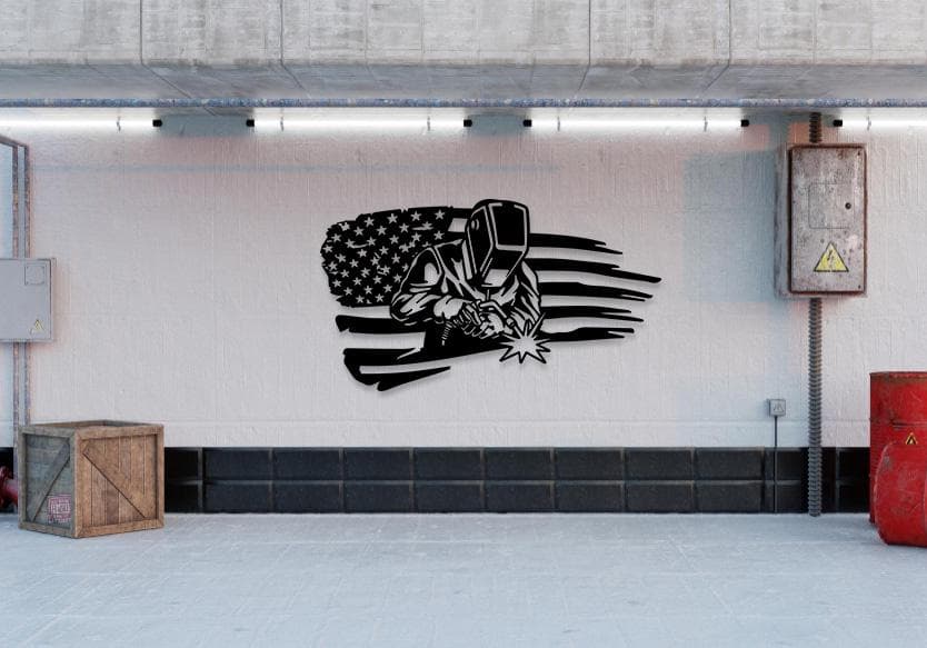 Welder On Distressed American Flag Svg Png Dxf, Welding Silhouette, Welder Metal Art, Digital Download. - image 3