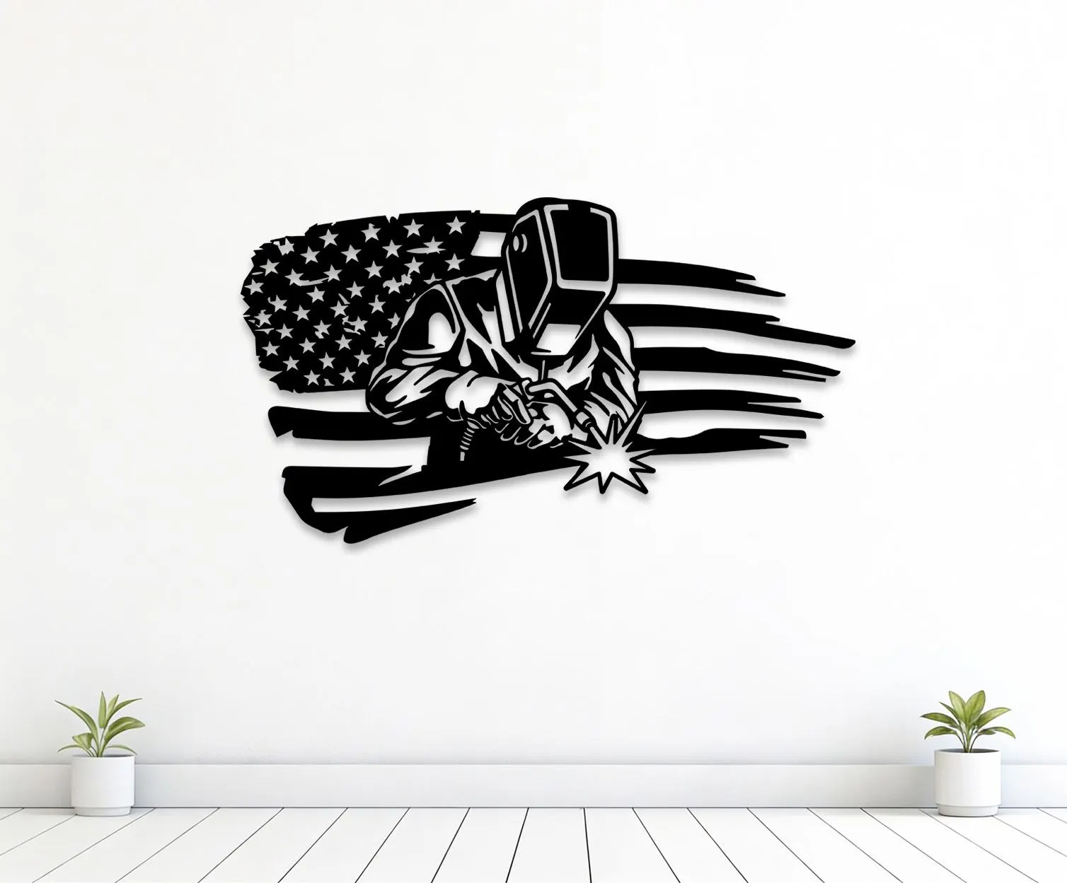 Welder On Distressed American Flag Svg Png Dxf, Welding Silhouette, Welder Metal Art, Digital Download.