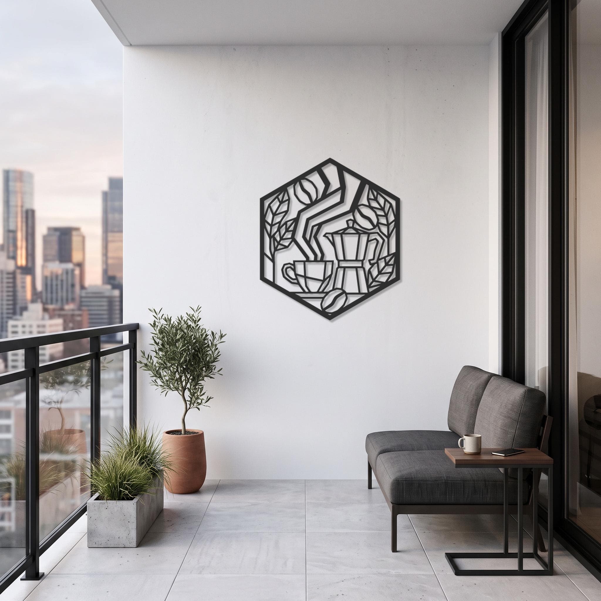 May include: A black metal wall art piece in a hexagonal frame featuring a cutout design of a moka pot, a coffee cup with rising steam, and coffee beans surrounded by stylized leaves. The geometric wall decor is mounted on a white wall.