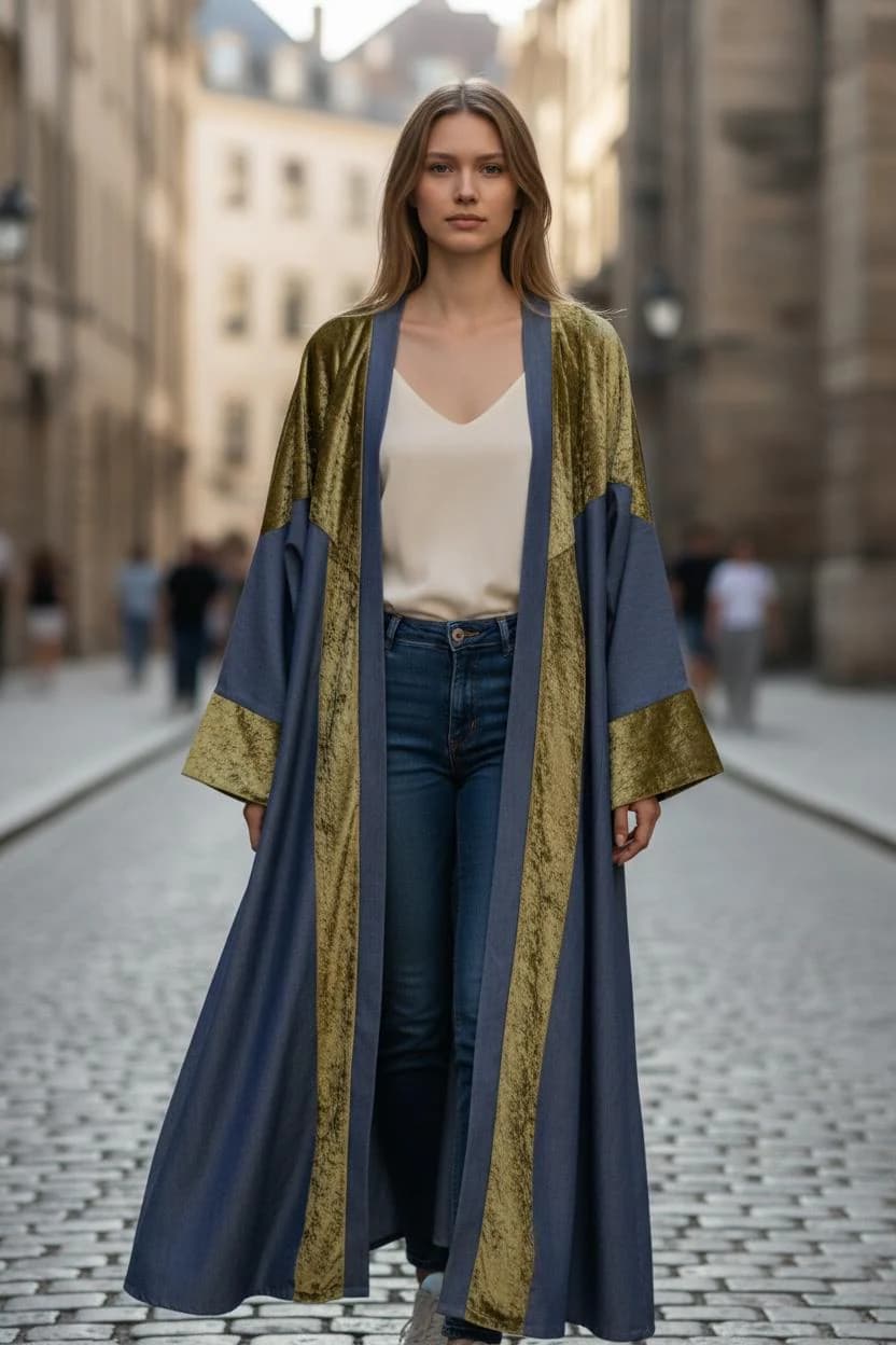 Modern Dark Denim and Sage velvet  Abaya style - image 2