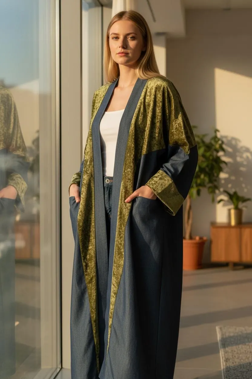 Modern Dark Denim and Sage velvet  Abaya style