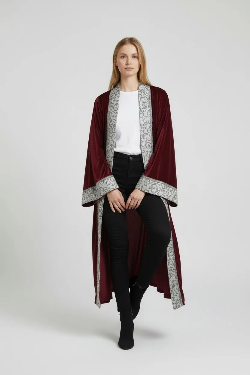 Luxury Burgundy Velvet Lined Kimono with Calligraphy Panel - image 5