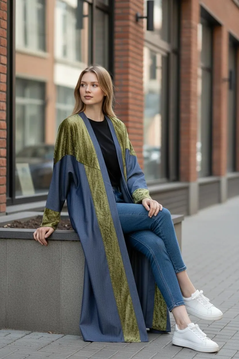 Modern Dark Denim and Sage velvet  Abaya style - image 5