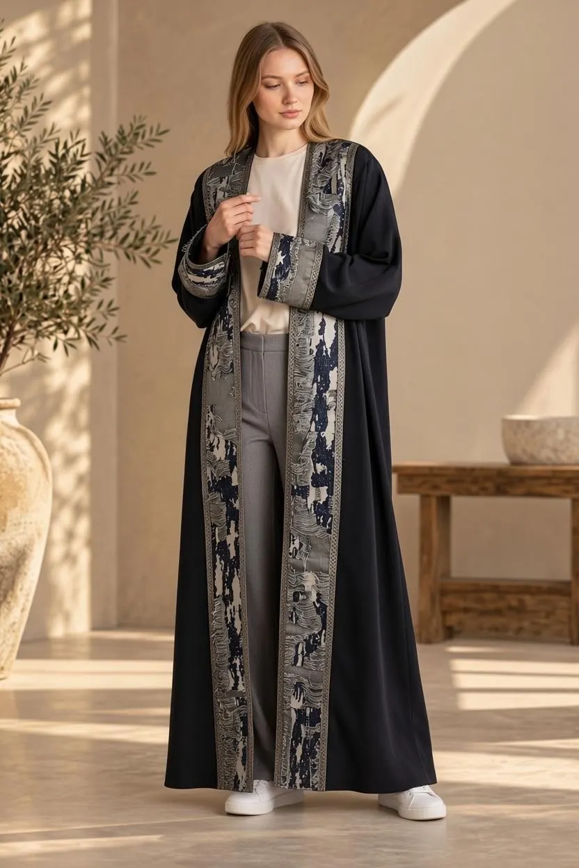 Navy Blue Kimono Abaya with Arabesque Brocade