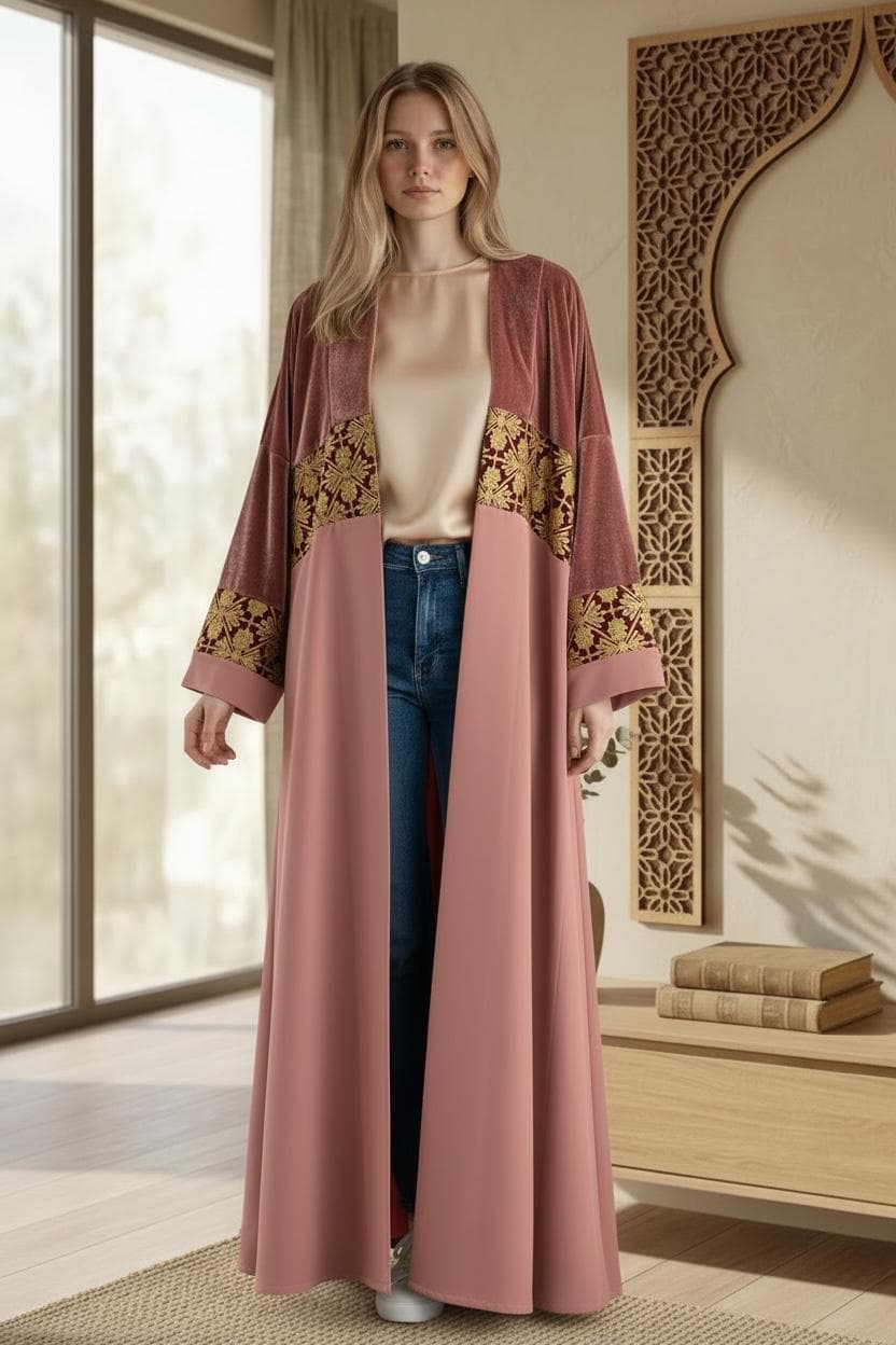 Luxury Dusty Rose Abaya – Velvet, Gabana Embroidery & Crepe | Handmade