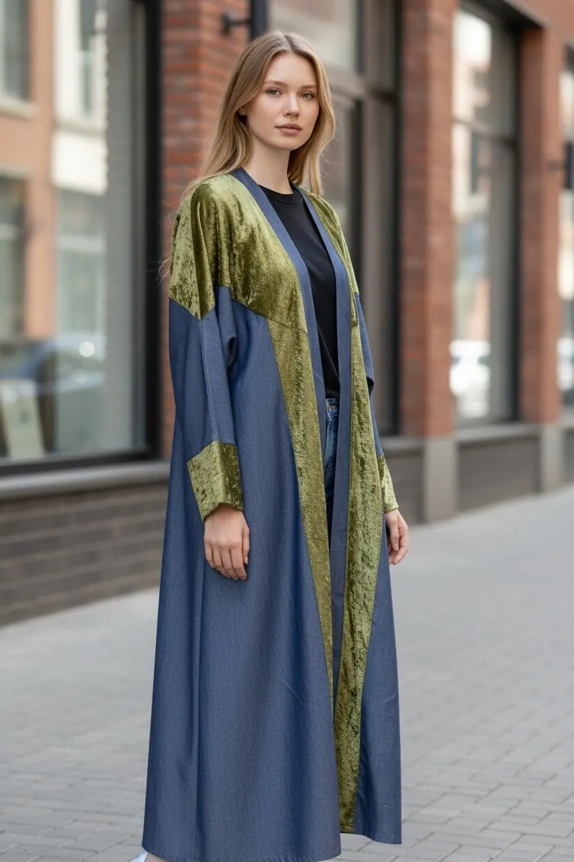 Modern Dark Denim and Sage velvet  Abaya style - image 4