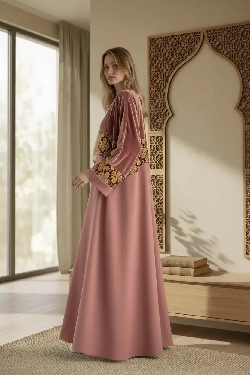 Luxury Dusty Rose Abaya – Velvet, Gabana Embroidery & Crepe | Handmade - image 3