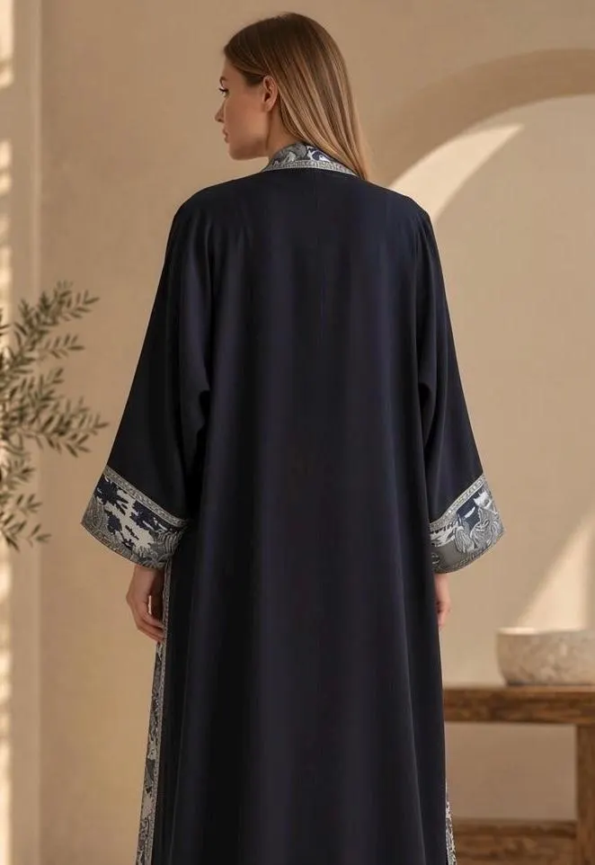 Navy Blue Kimono Abaya with Arabesque Brocade - image 4