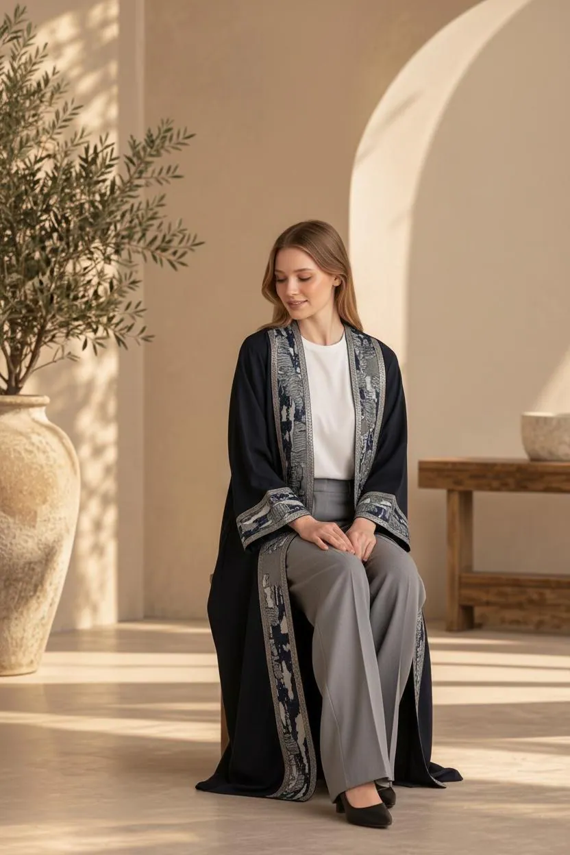 Navy Blue Kimono Abaya with Arabesque Brocade - image 3