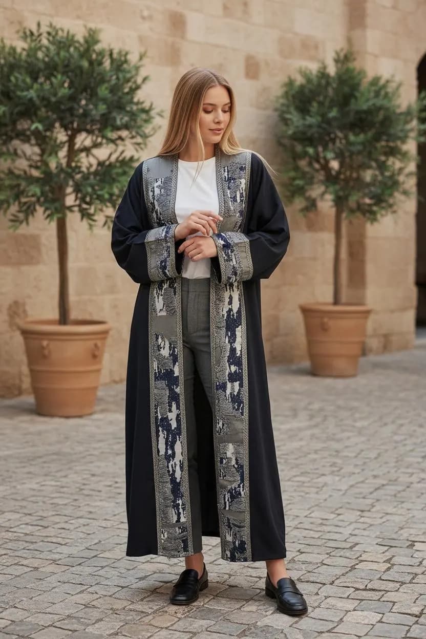 Navy Blue Kimono Abaya with Arabesque Brocade - image 5