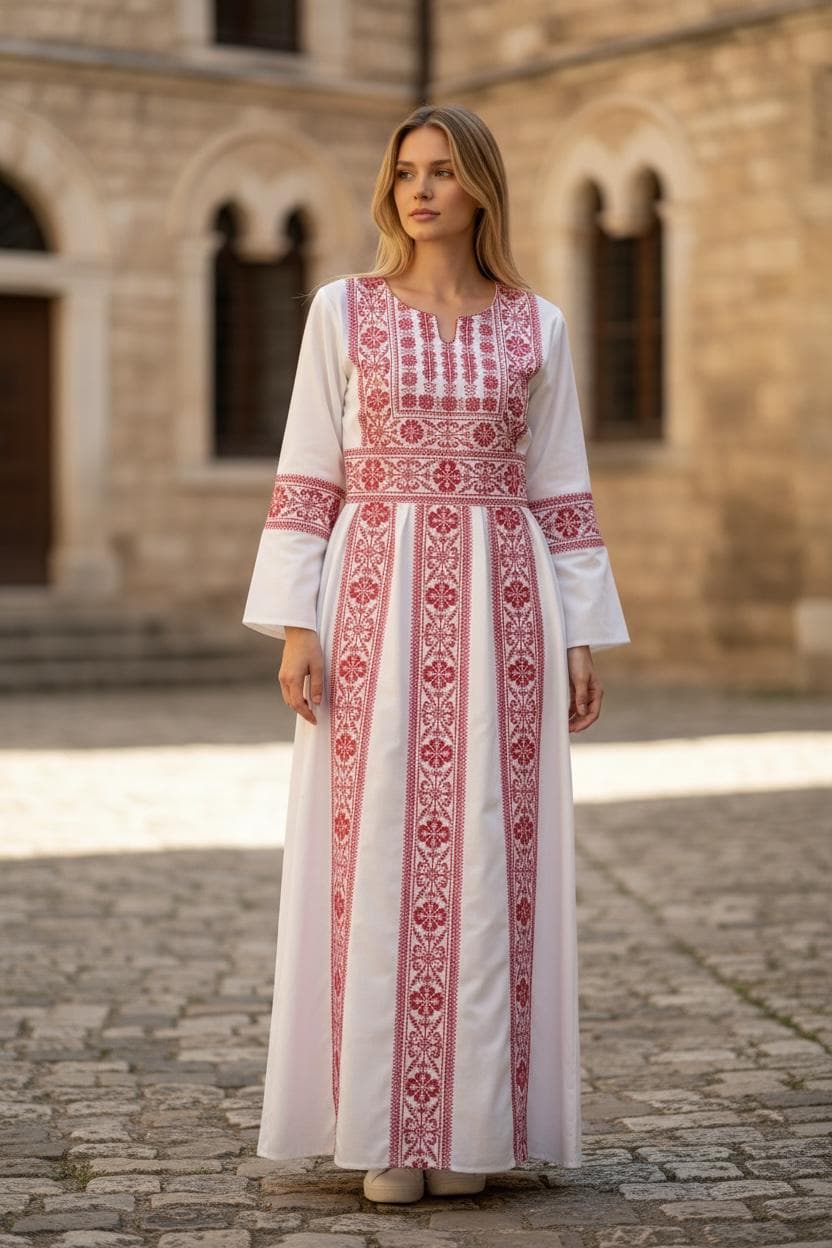 White Abaya with Red Embroidery