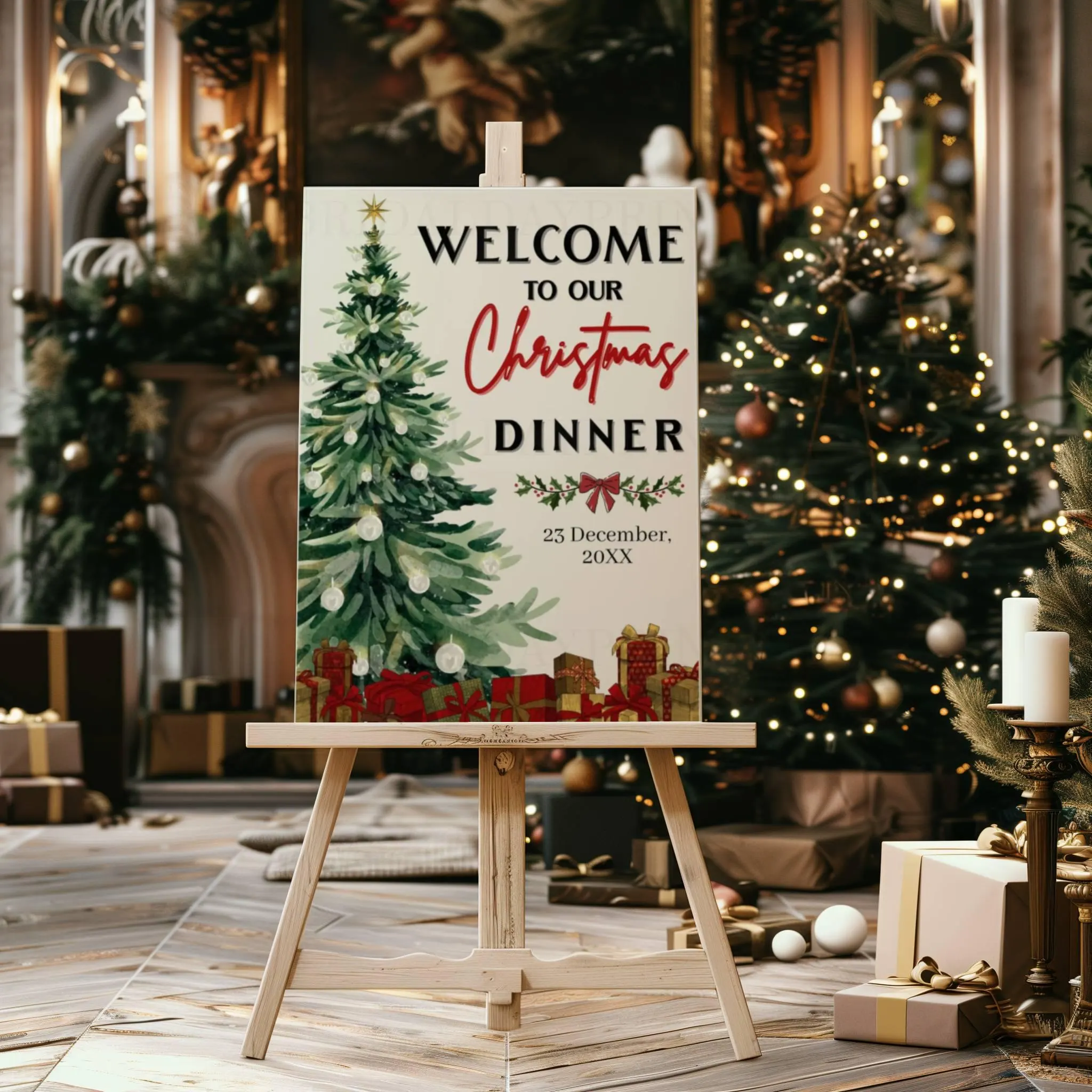 Christmas Dinner Welcome Foam Board | Festive Holiday Entrance Sign | Red Ribbon Christmas Party Decor | 18x24