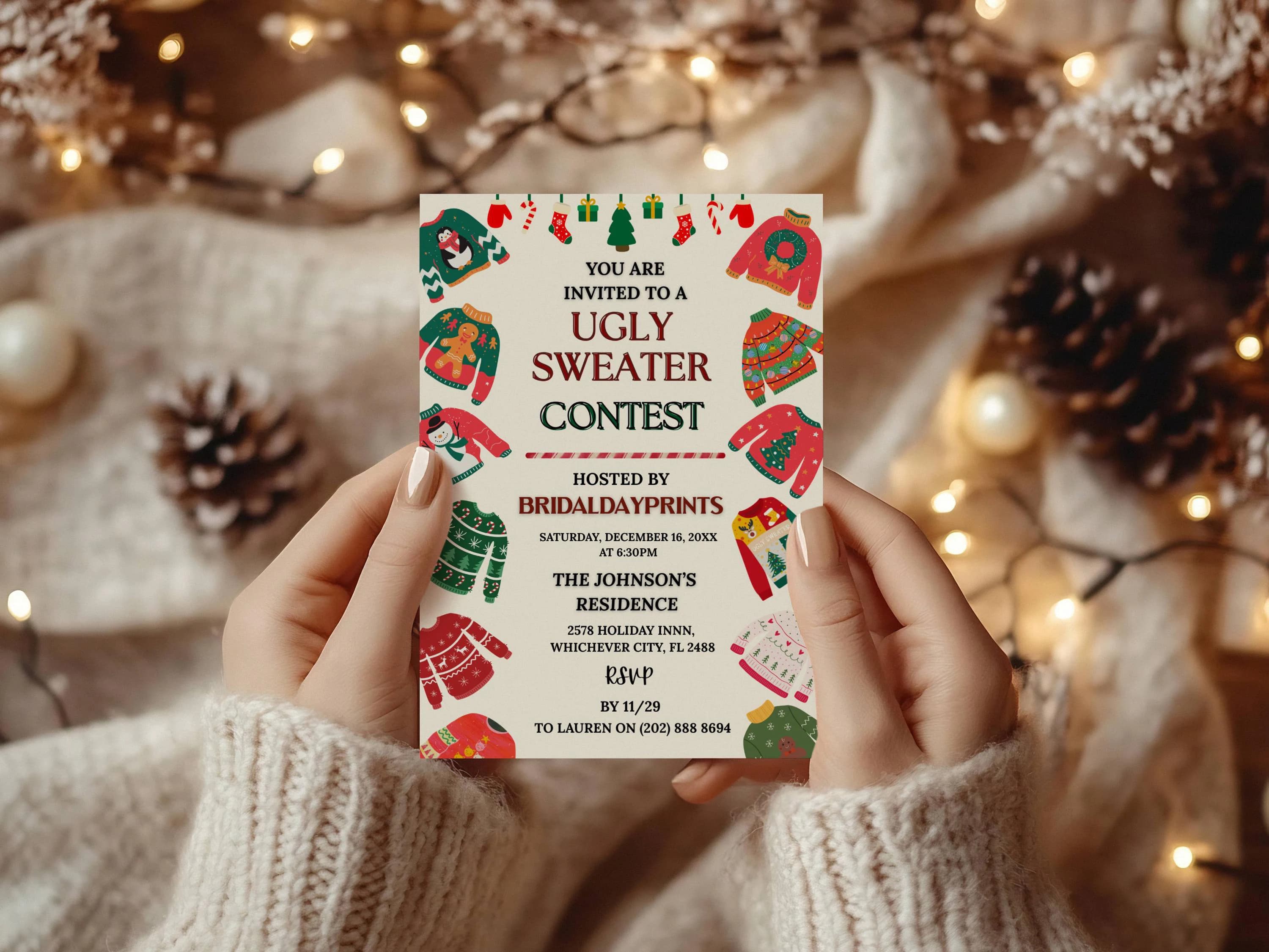 Ugly Sweater Contest Invitation Template, Funny Christmas Party Editable Invite, Tacky Sweater Holiday Printable, Self-Edit Canva Invite
