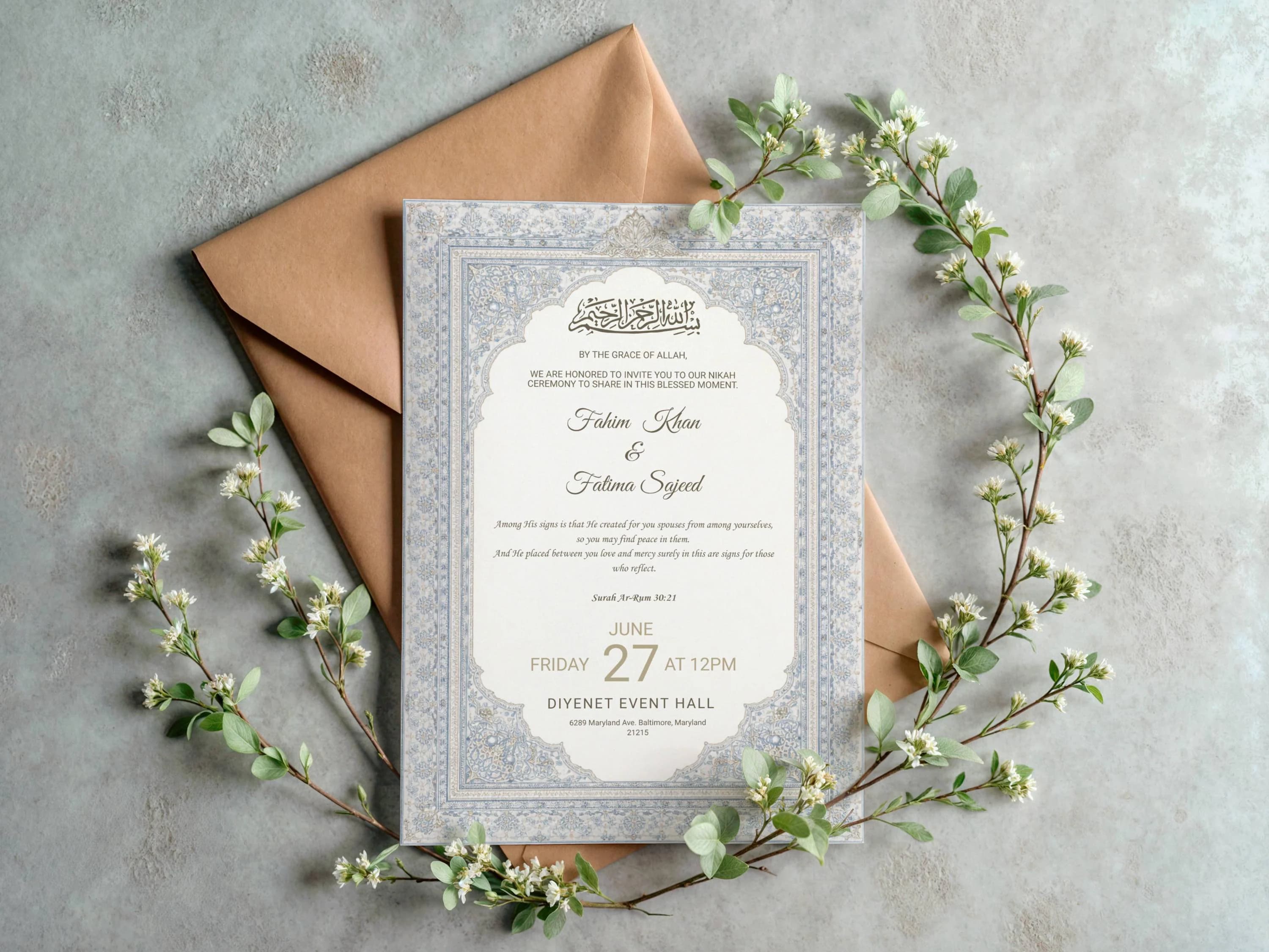 Light Blue Islamic Wedding Invitation 5x7, Elegant Nikah Invite Template, Editable Canva Printable Muslim Marriage Card Frame Design