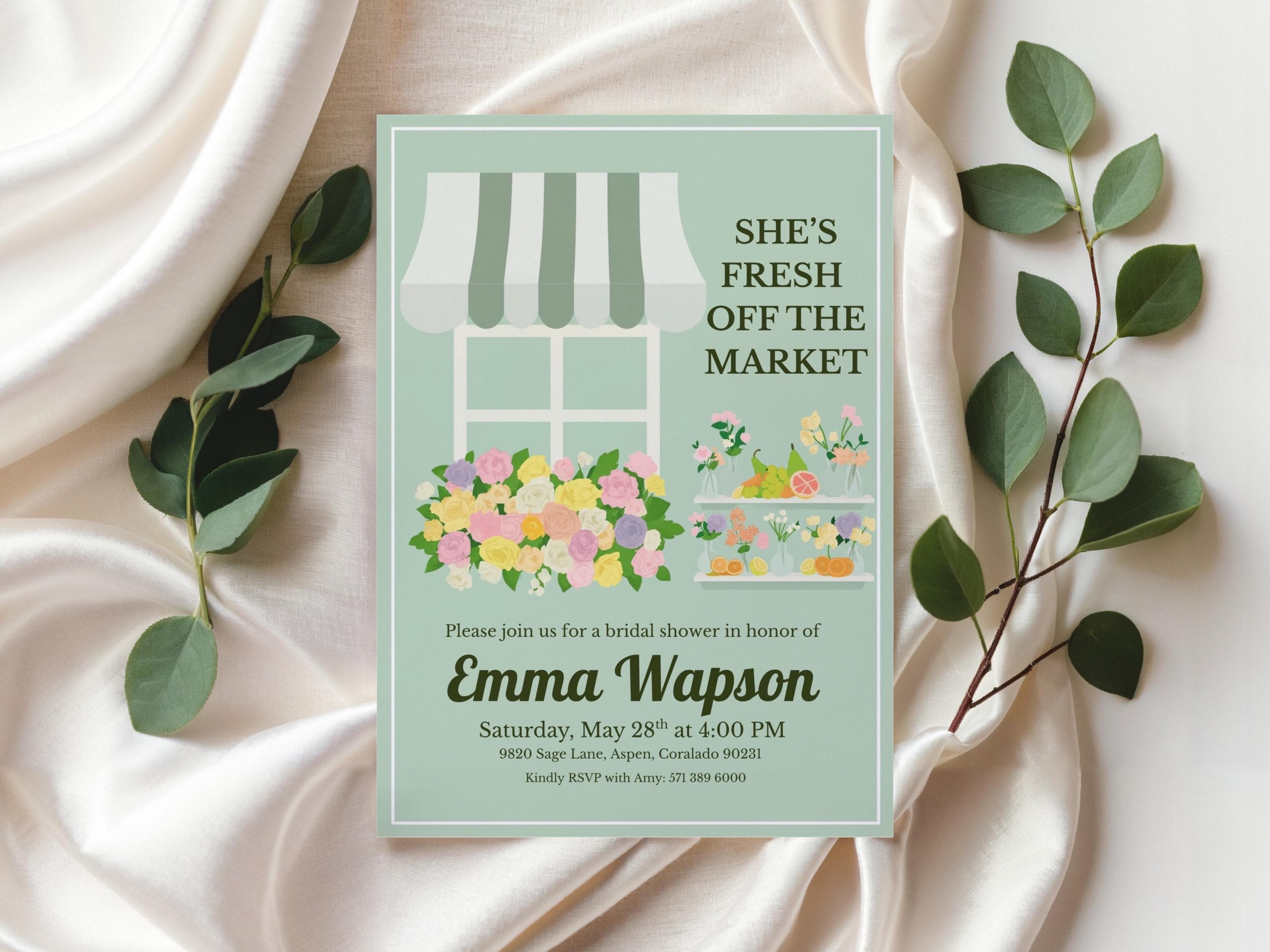 Green Floral Bridal Shower Invitation Template: Editable Market Theme (Digital Download 5x7in)