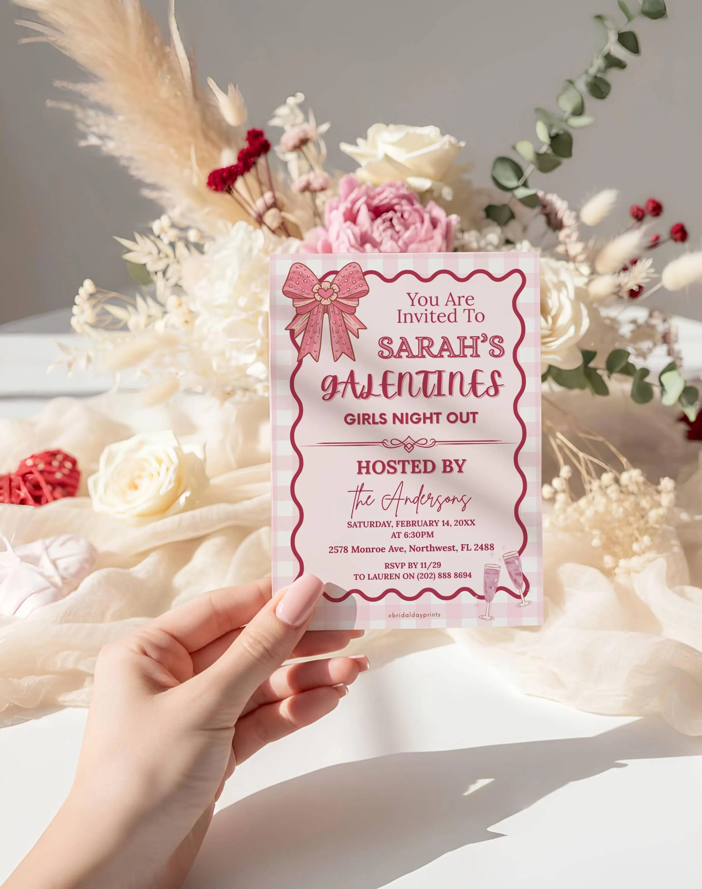 Girls Night Out Galentines Invitation, Pink Gingham Editable Invite, Digital Card Template 5x7