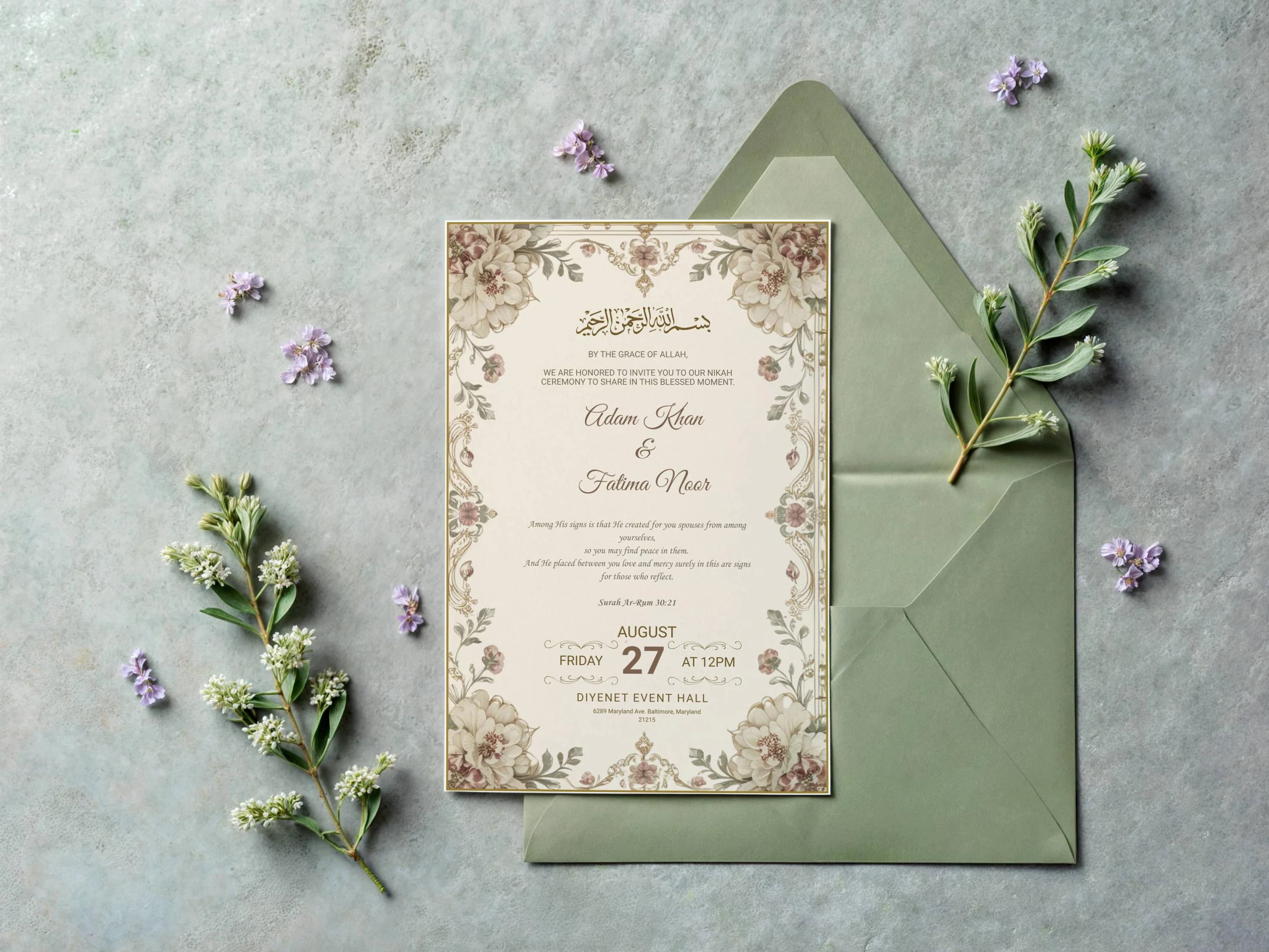 Vintage Dusty Pink Nikkah Invitation Template, Floral Islamic Wedding Invite, Editable Canva Muslim Marriage Card 4x6