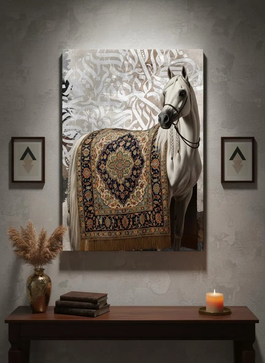 White Horse Persian Rug Art, Equestrian Luxury Neutral Wall Decor (Digital Download)