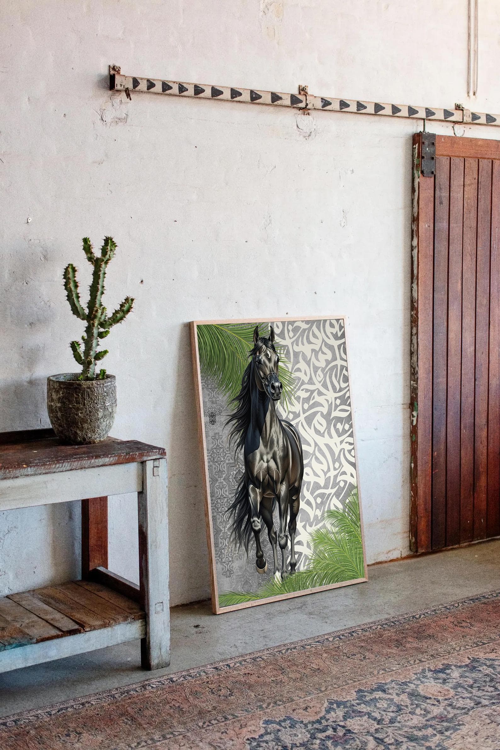 A proud black Arabian horse showcased in a classic white interior with wooden flooring.
✨ Perfect for elegant, timeless, and classic spaces.