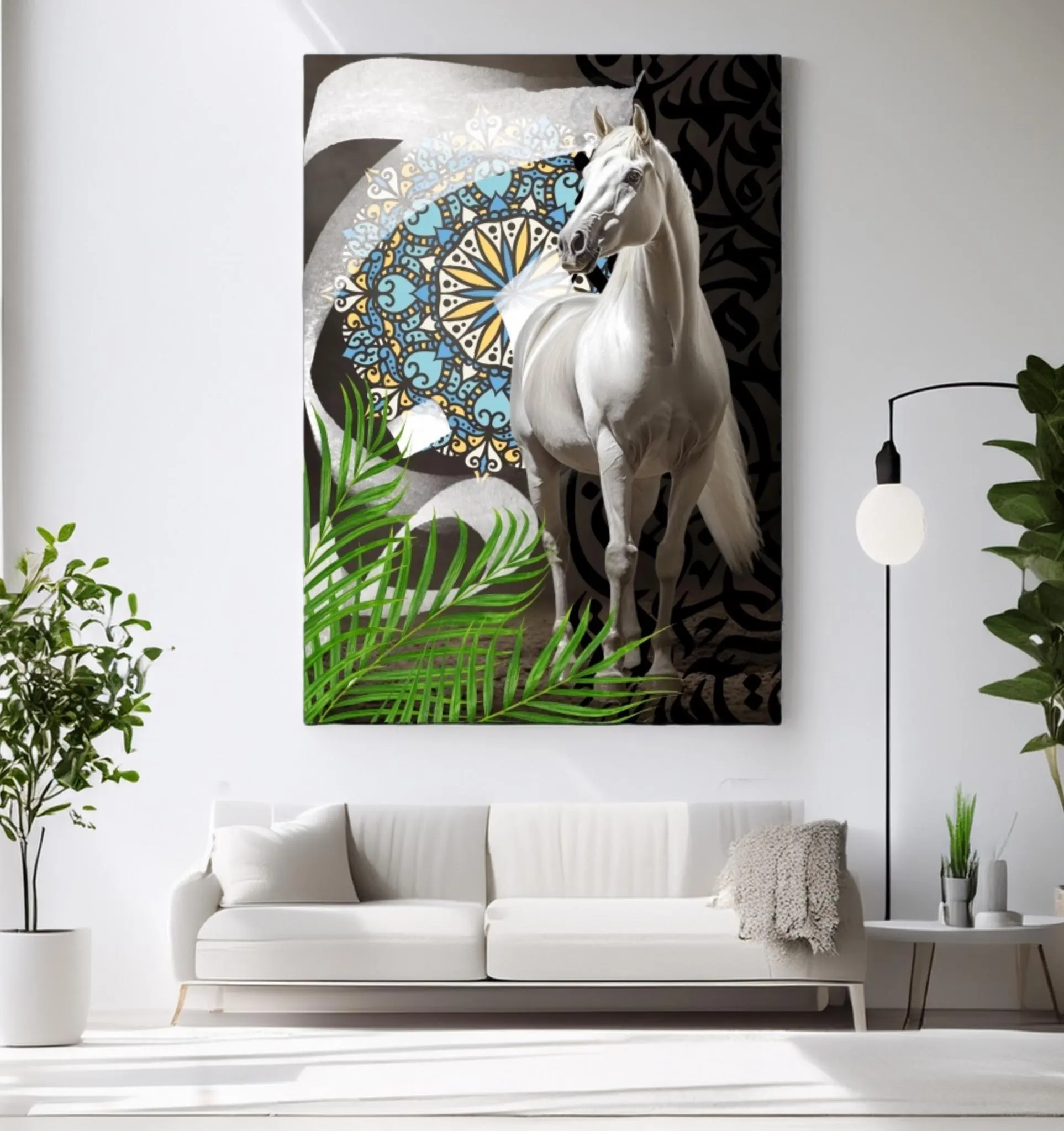 White Arabian Horse Mandala Print: Modern Boho Wall Art (50x70 cm PDF Digital Download