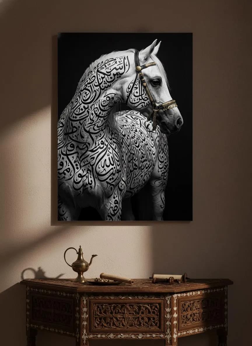 Arabic Horse Wall Art, Black White Calligraphy Print (Digital Download)