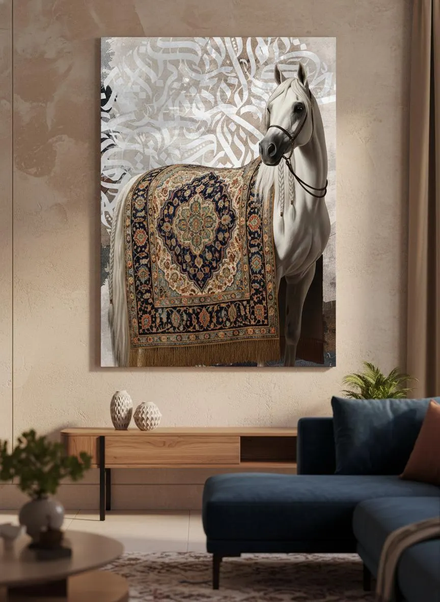 White Horse Persian Rug Art, Equestrian Luxury Neutral Wall Decor (Digital Download) - image 5