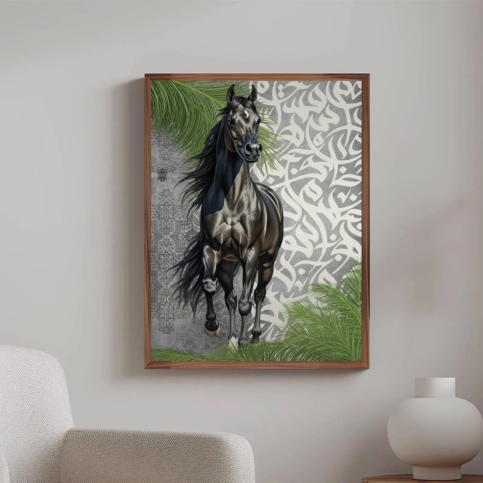 Placed near a staircase with natural light, this horse print becomes a striking statement piece.
🏡 Perfect for hallways or corner spaces.