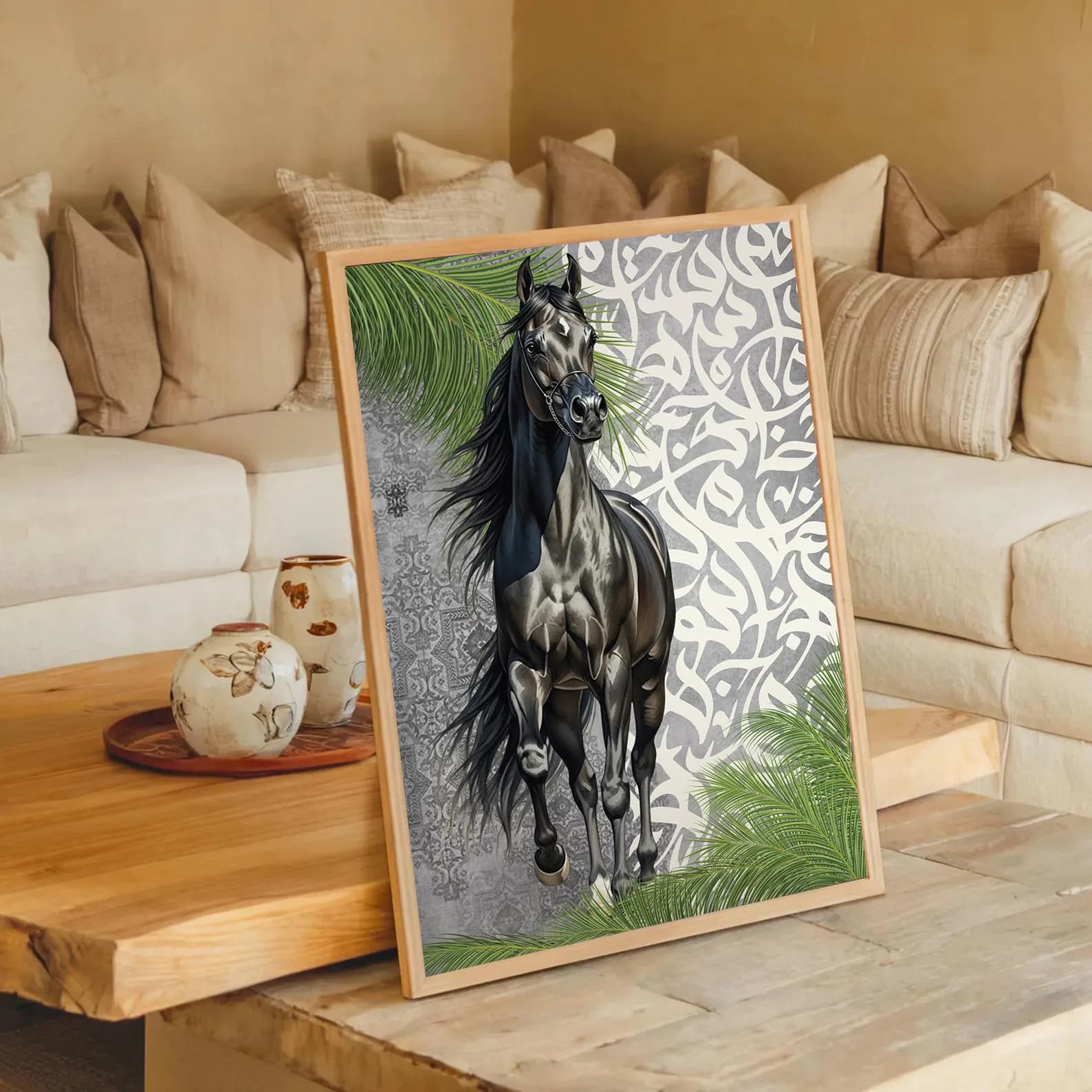 Black Arabian Horse Art Print: Islamic Geometric Decor (Digital Download)