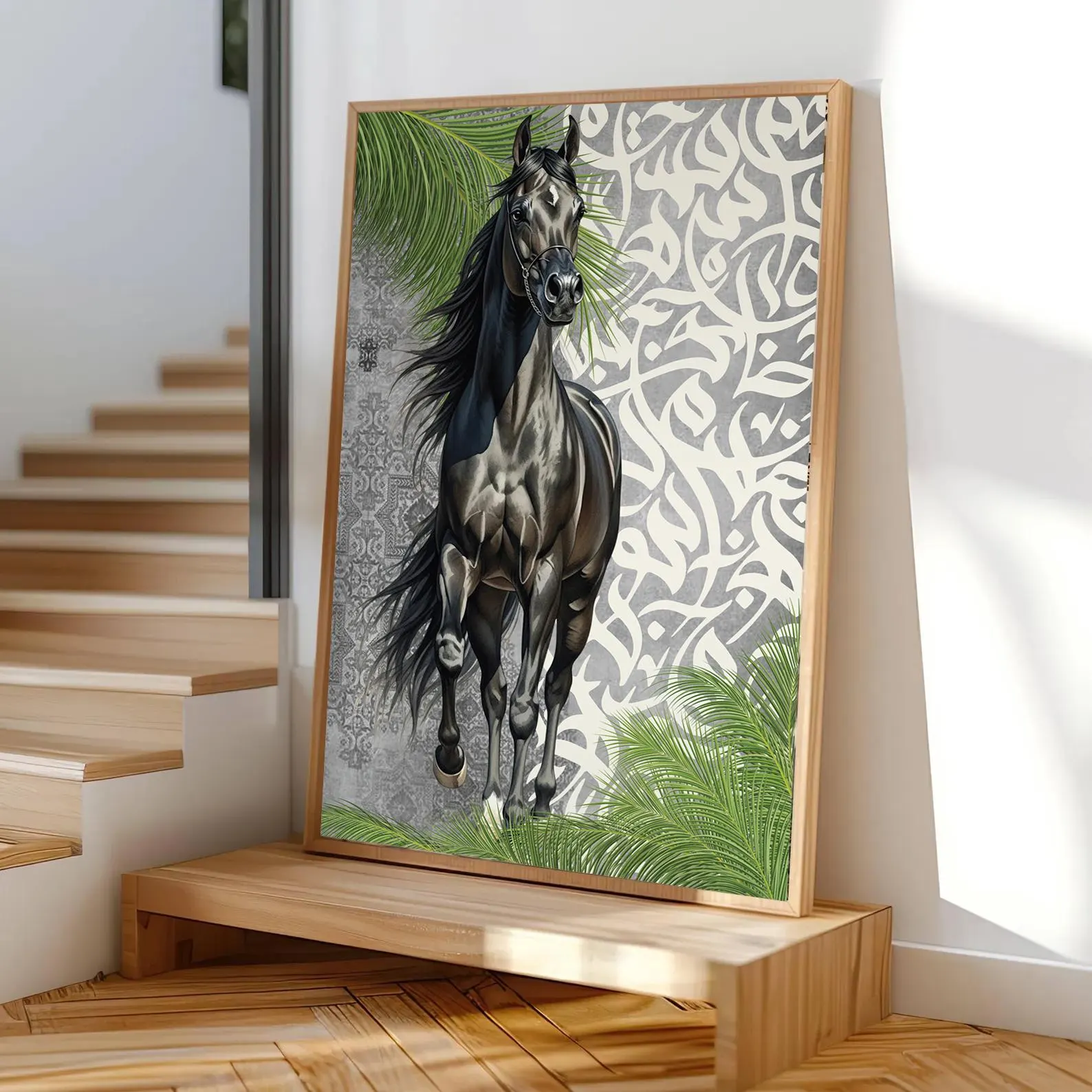 Leaning against a rustic wall with cactus decor, the artwork adds bold artistic character.
🌵 Suits bohemian or rustic-style homes.