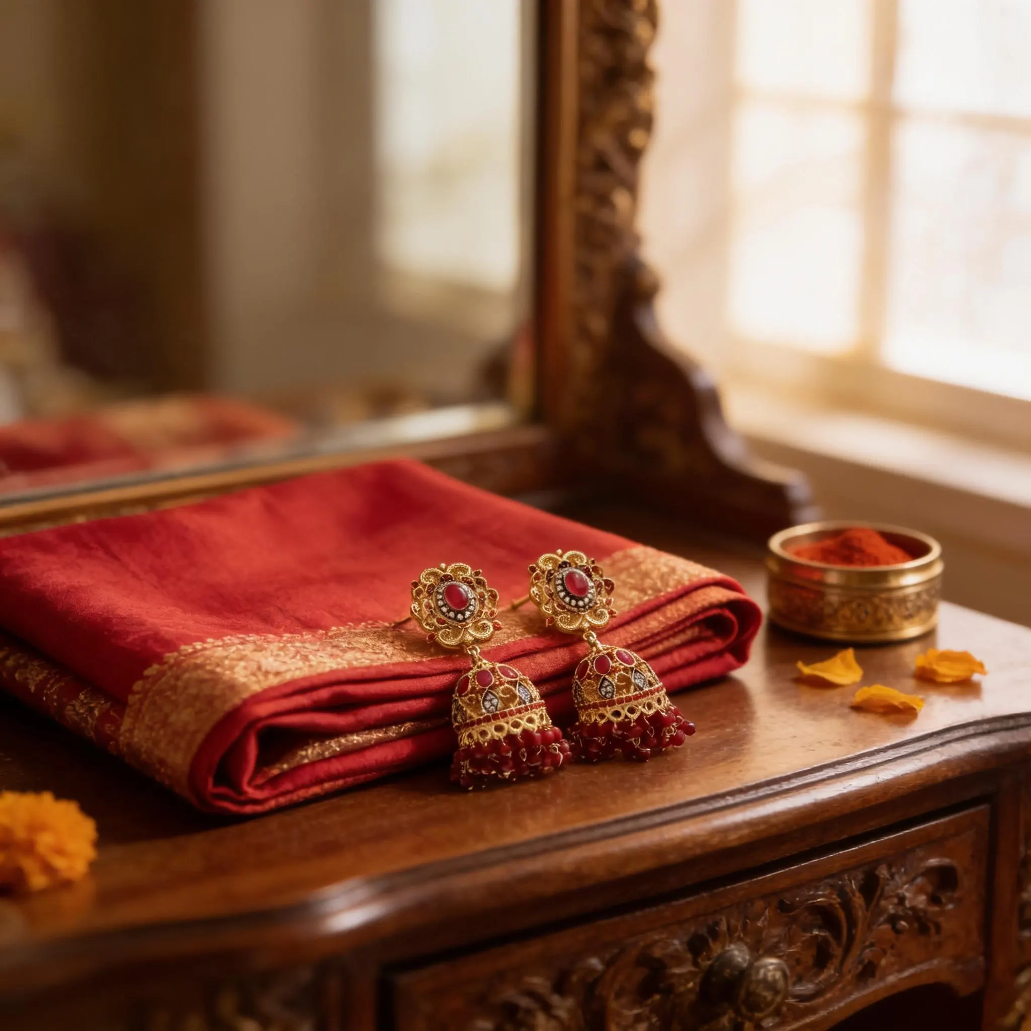 a pair of ornate earrings with red gemstones, placed on a red and gold sari or cloth, which is folded and placed on a wooden table. There is also a small bowl of red powder or spices next to the earrings.