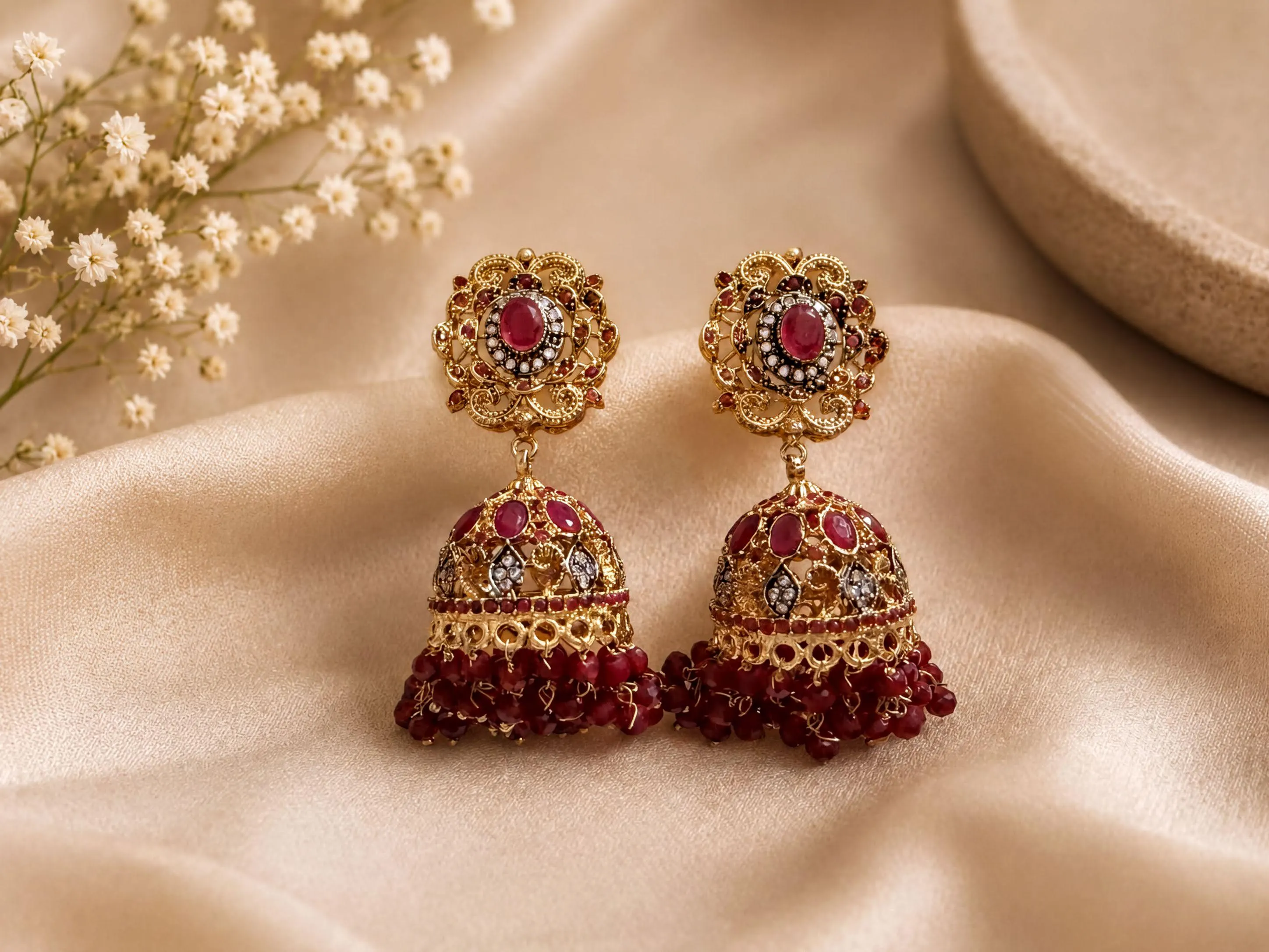 A pair of ornate gold earrings with red gemstones and dangling red beads, placed on a beige fabric background.