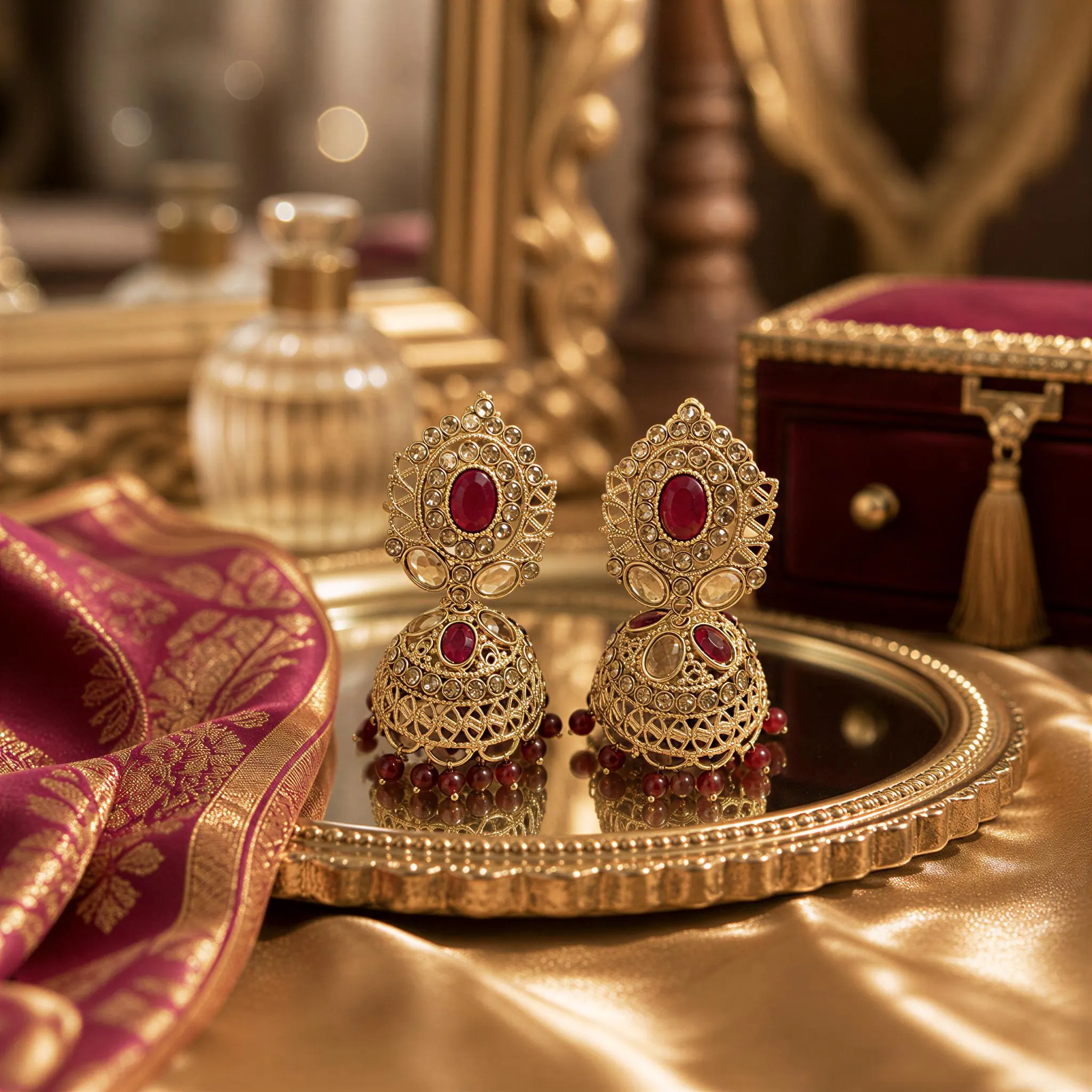 a pair of ornate gold earrings with red gemstones, displayed on a gold tray or stand. The earrings are placed on a mirror, which reflects their intricate design and vibrant color. The background includes a gold-colored dresser and a mirror, creating an elegant and luxurious setting.