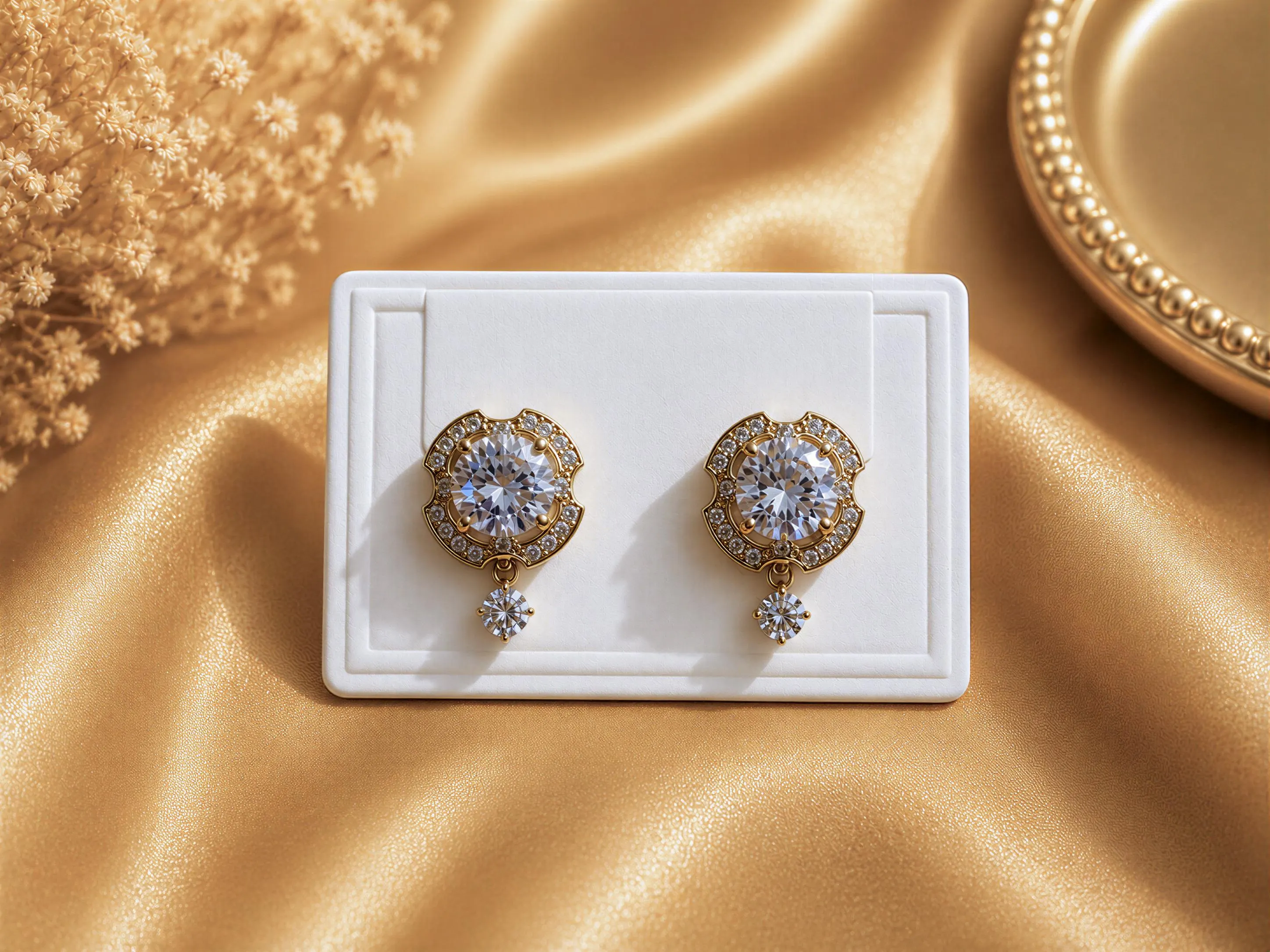 A pair of elegant diamond earrings with a large central stone and smaller stones around the edges, displayed on a white card or stand against a golden background.