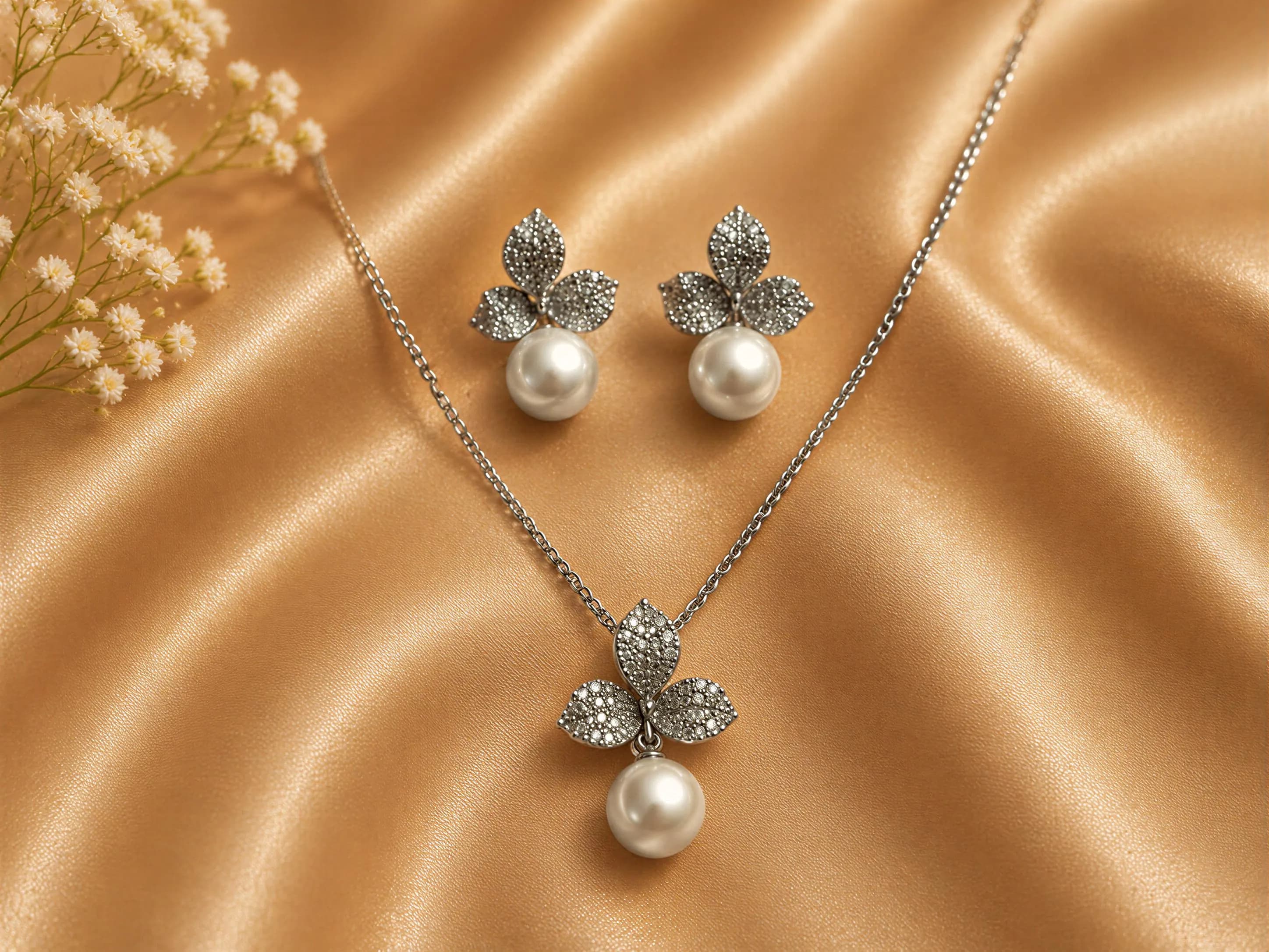 A necklace with a pendant and earrings are displayed on a gold fabric background.