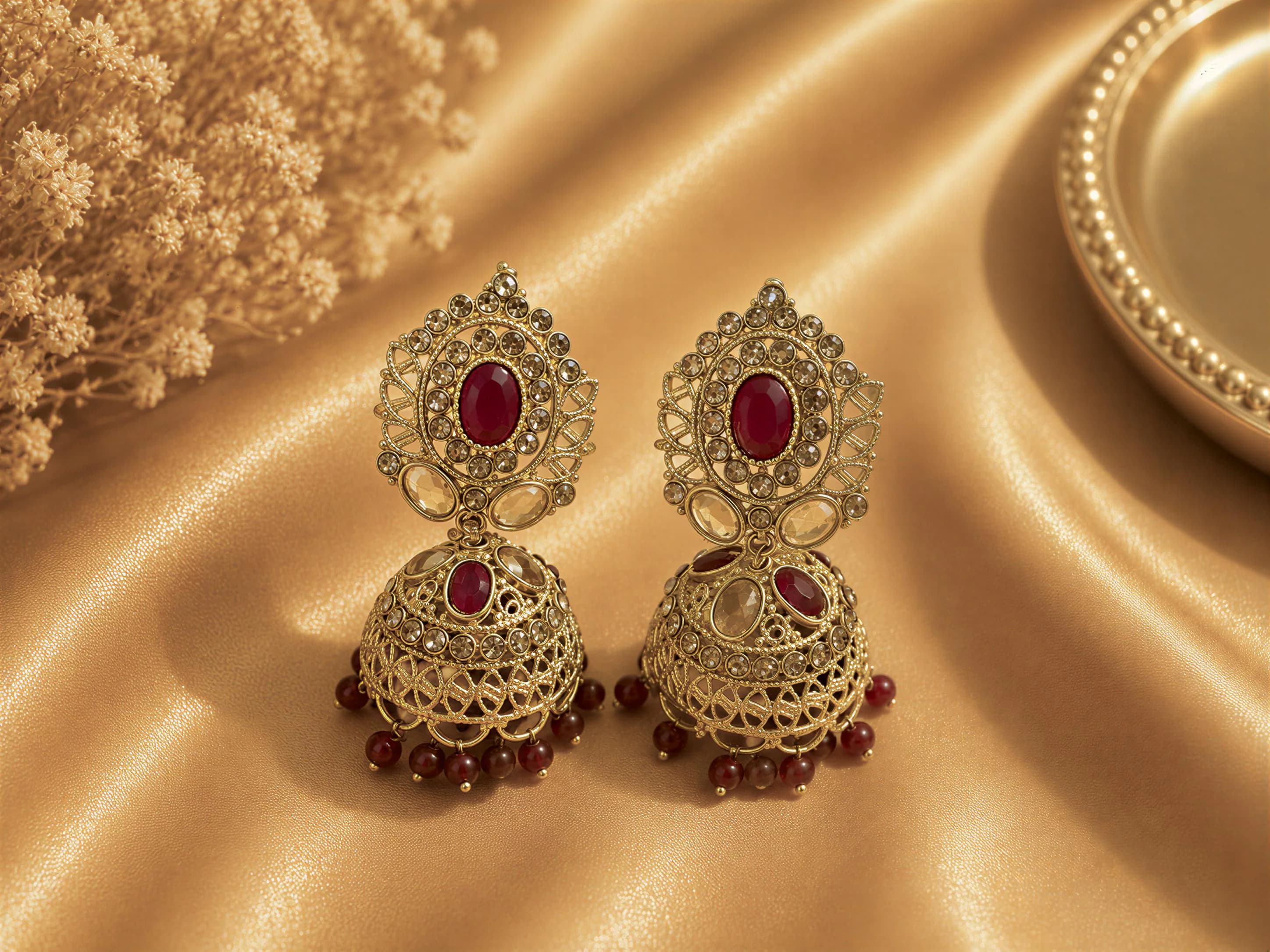 a pair of ornate gold earrings with red gemstones, placed on a golden background.